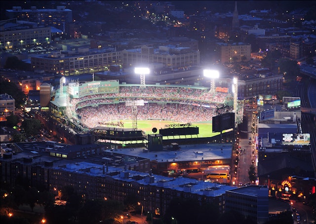 An aerial shot of a night game at Fenway Park, Boston, Massachusetts, USA