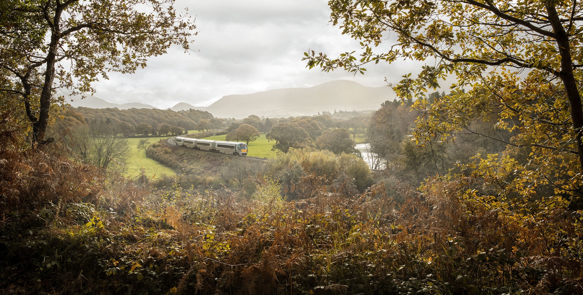 A train passes through autumnal countryside