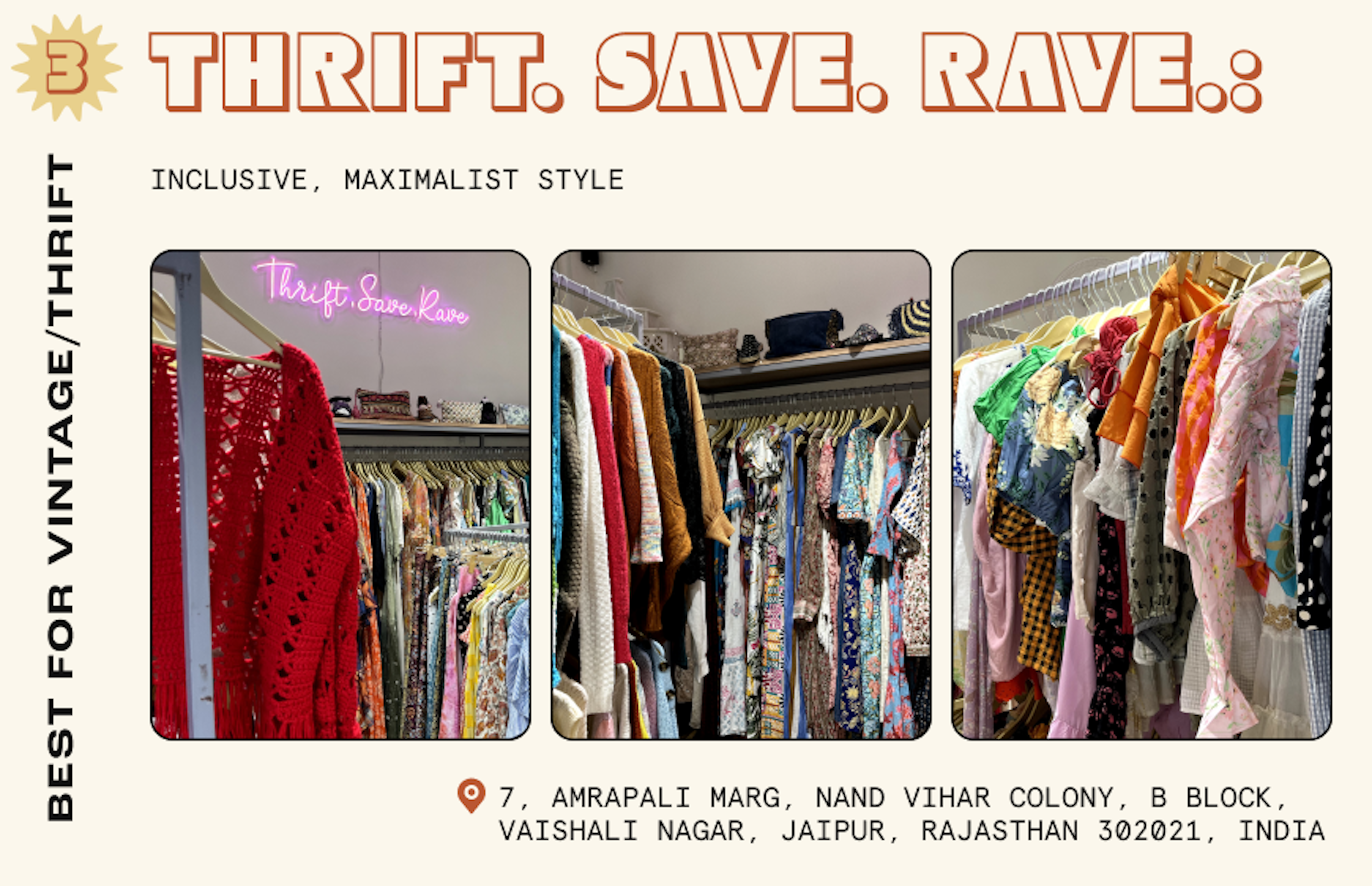 Interiors of a thrift store in Jaipur with colorful blouses, knitwear and dresses