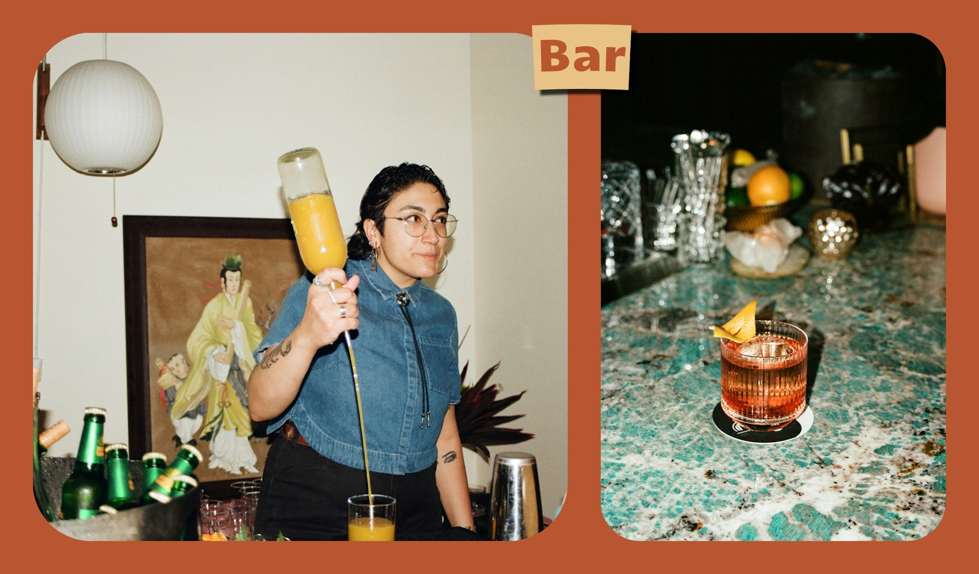 L: A bartender prepares a drink behind bar counter. R: Close-up of wine and cocktails on a stylish table