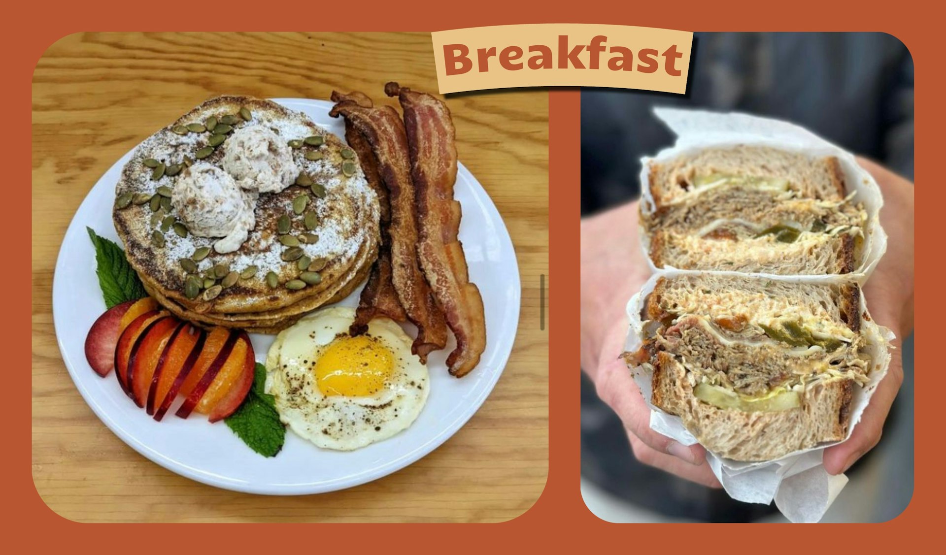 L: pancake breakfast with bacon. R: Up-close shot of meat and pickle sandwich on sourdough bread