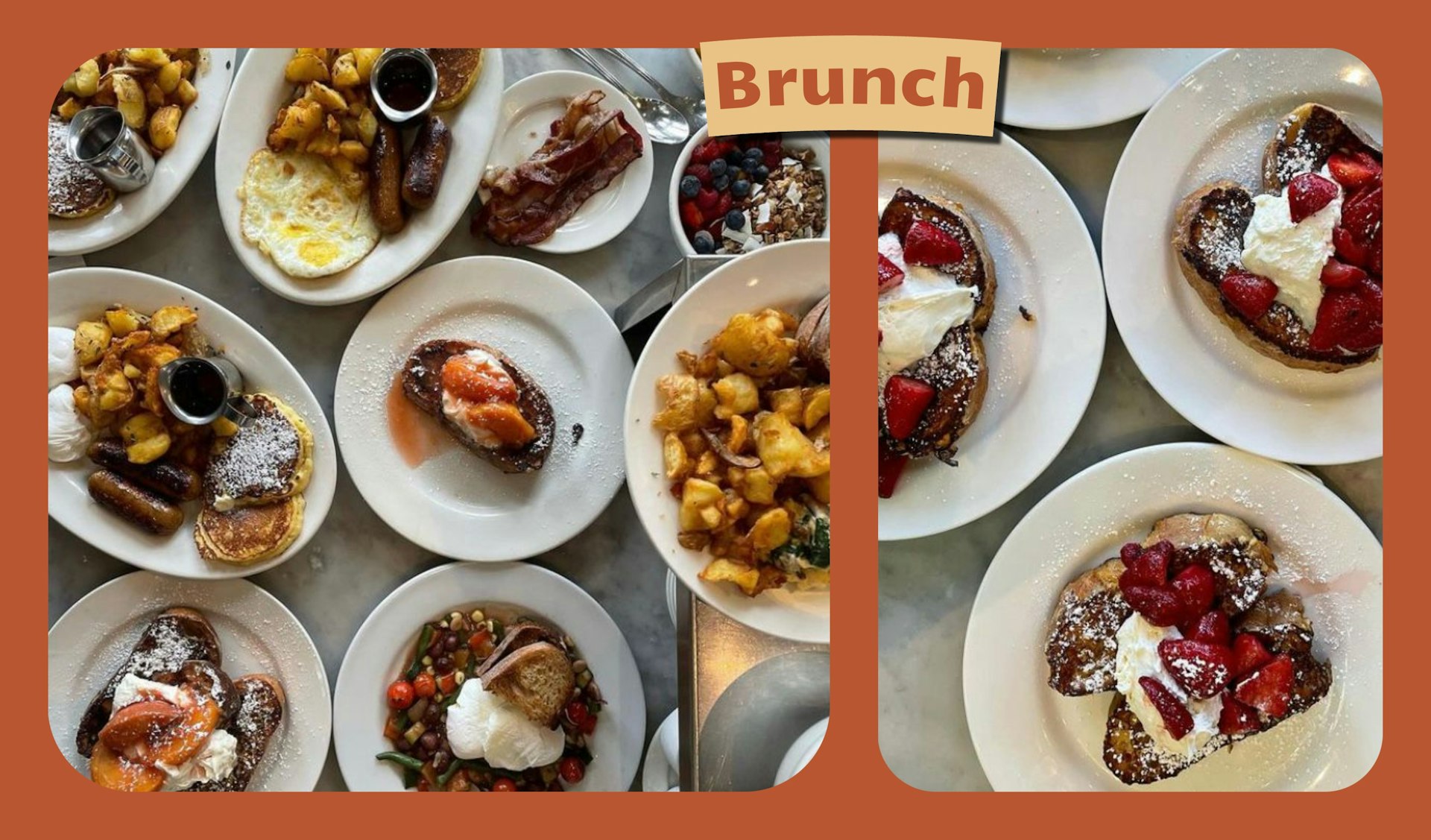 L: French toast topped with raspberries. R: Spread of plates on a table with brunches