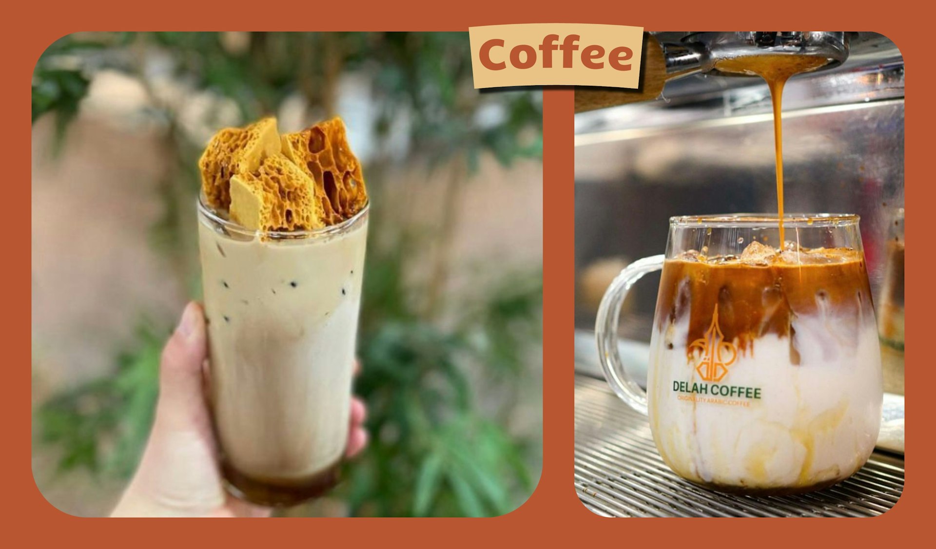 L: Iced latte in a tall class with a honeycomb topping. R: Iced latte is poured