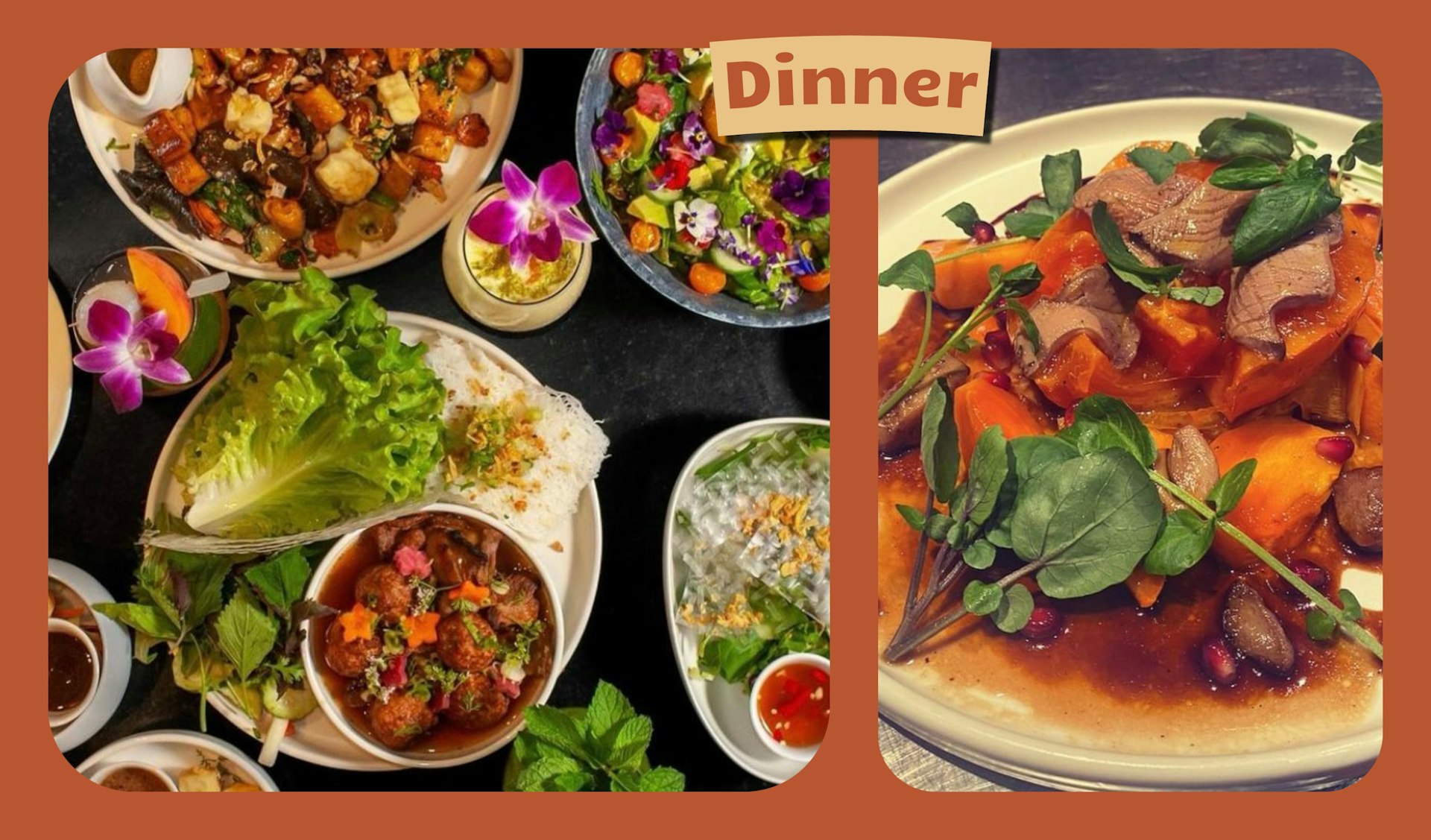 L: A spread of plates of Vietnamese dishes. R: Close-up of a duck and persimmon dish