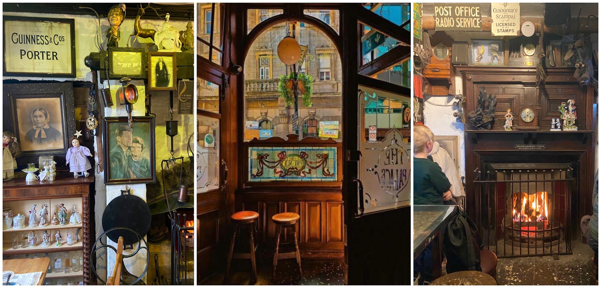 A collage of images featuring traditional interiors from classic Irish pubs