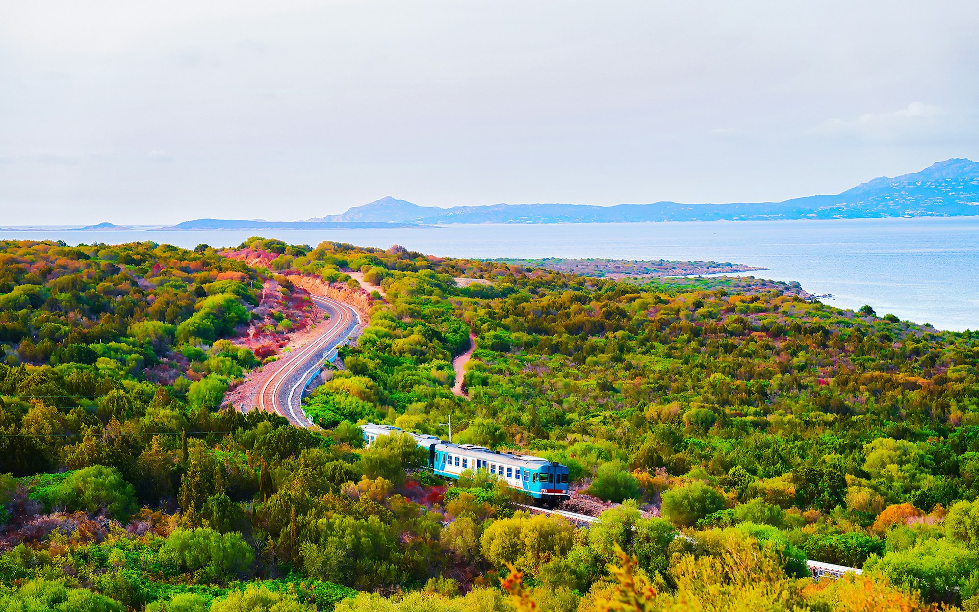 Train at Golfo Aranci in Costa Smeralda resort, Sardinia, Italy. Olbia province. Landscape with Sardinian green forest and Mediterranean sea on background.