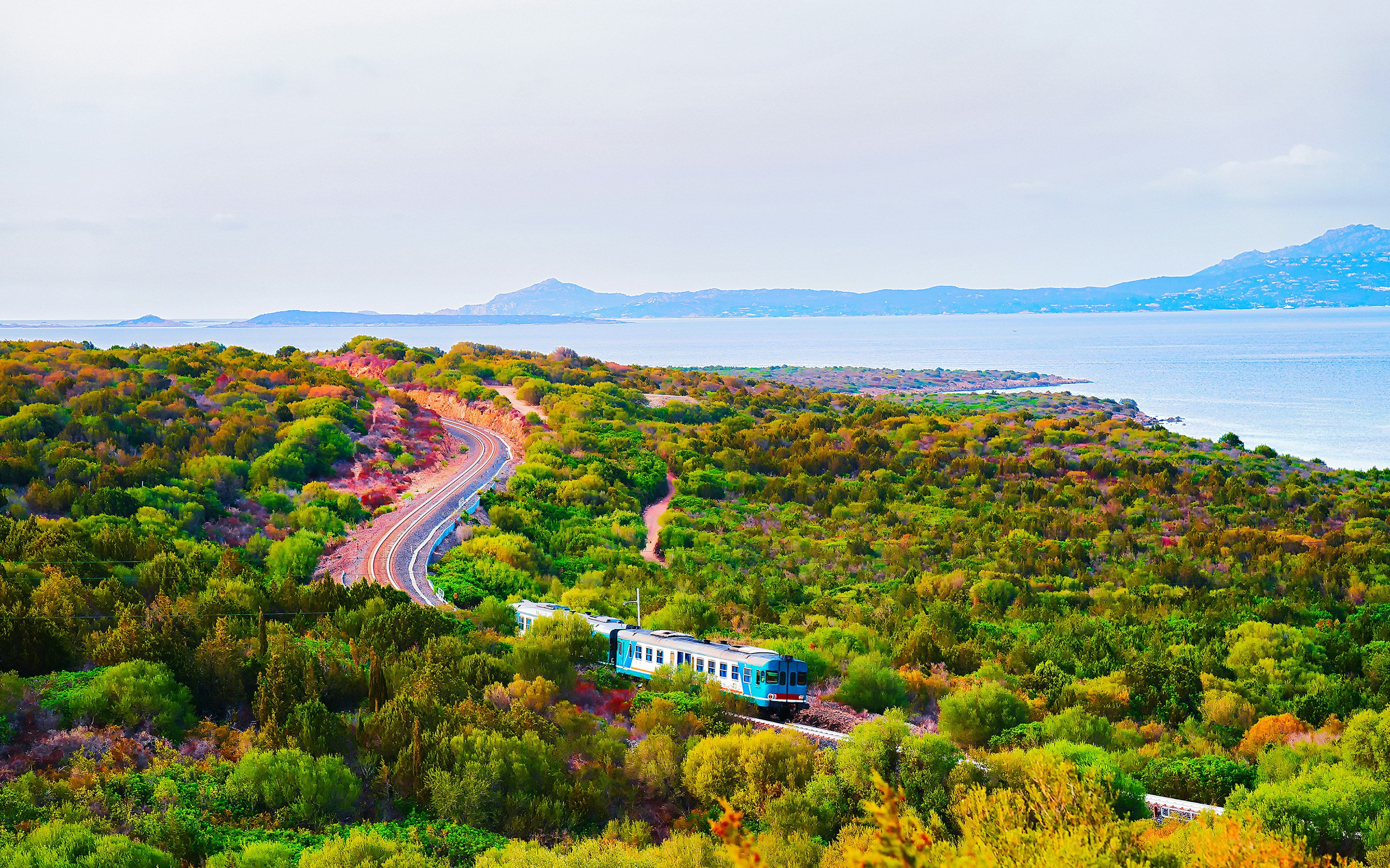 Train at Golfo Aranci in Costa Smeralda resort, Sardinia, Italy. Olbia province. Landscape with Sardinian green forest and Mediterranean sea on background.