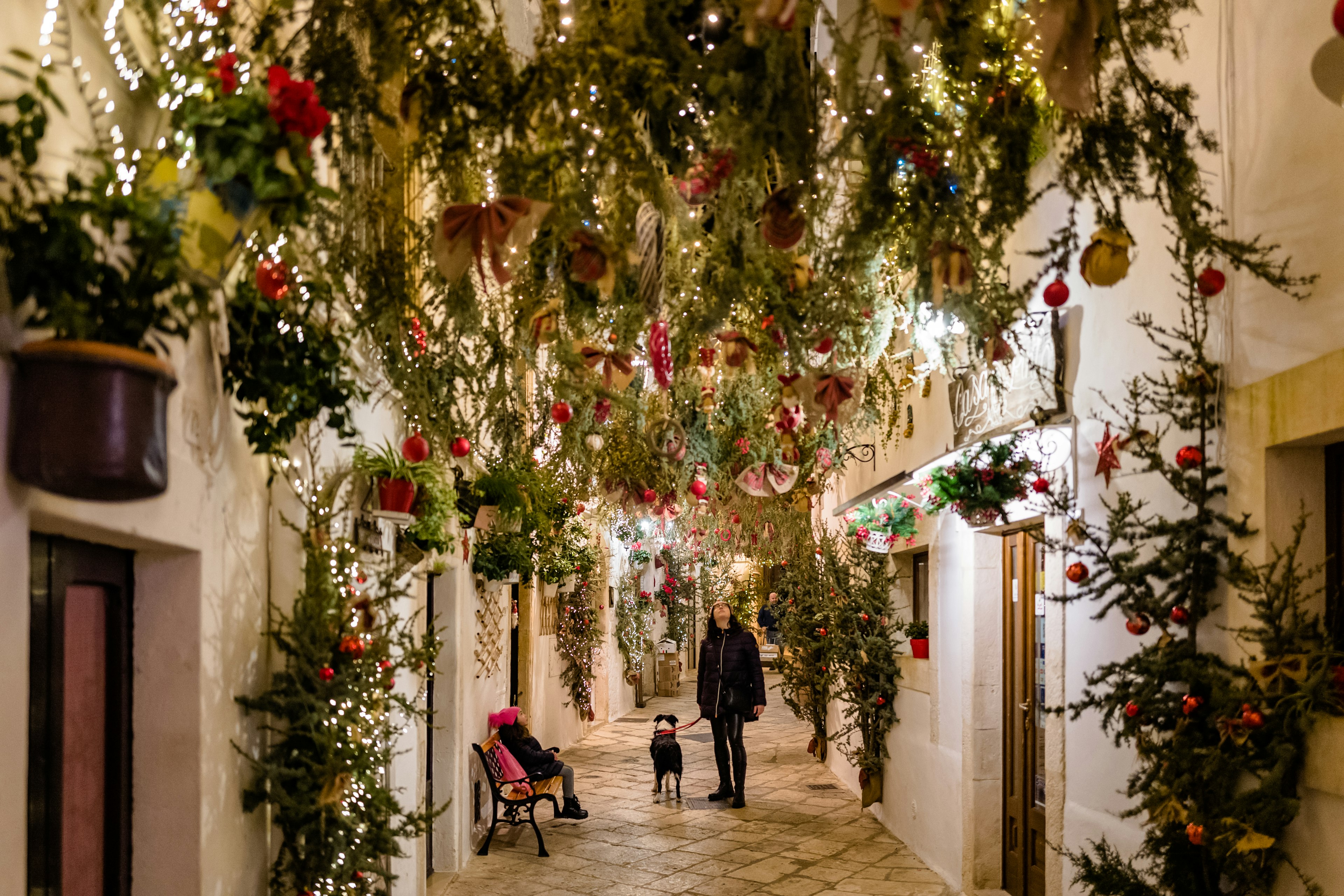 Christmas lights and decorations in the alleys of the historic center of Locorotondo in Puglia