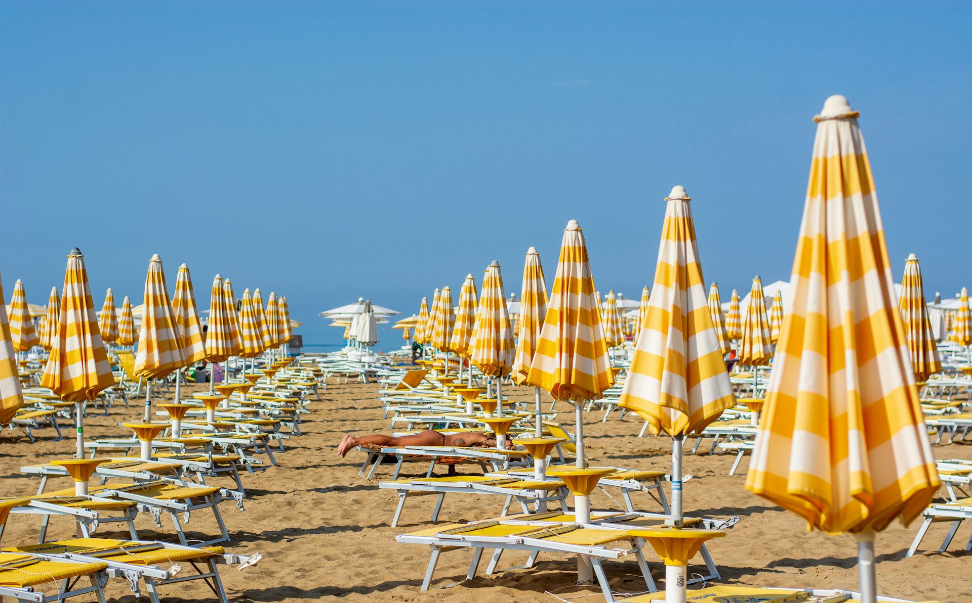 A row of yellow and white umbrellas and sunloungers with a sole figure sunbathing on a lounger on an otherwise empty beach