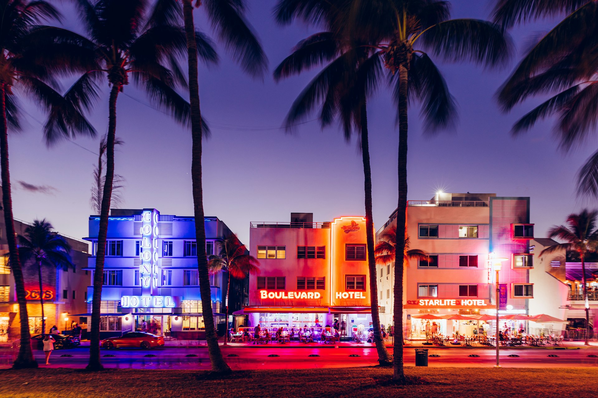Buildings illuminated by neon lights framed by palm trees on Ocean Drive, South Beach, Miami Beach, Florida, USA