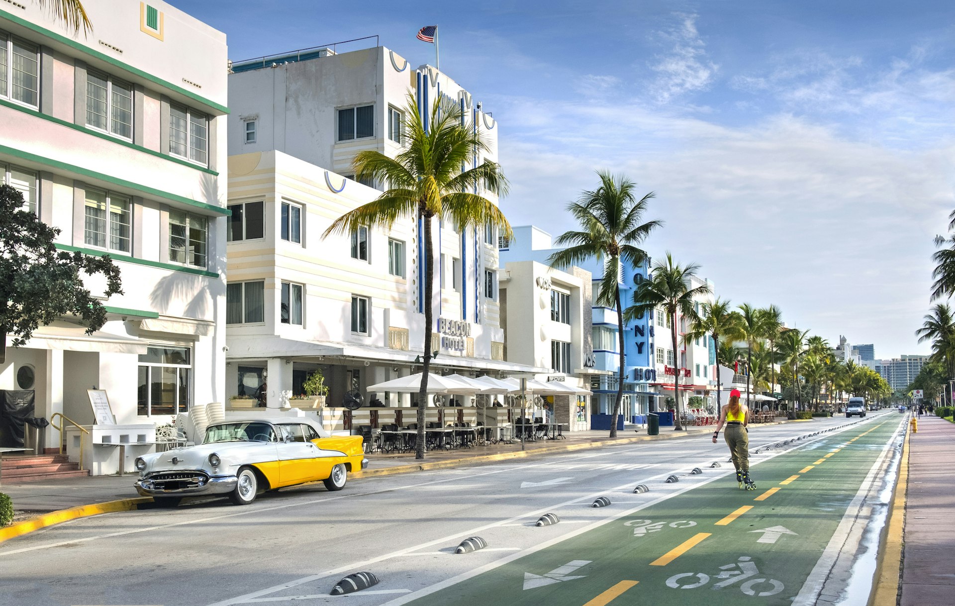 Art deco styled hotels and businesses along Ocean Drive in South Beach, a famous art deco neighborhood in Miami Beach, Florida.