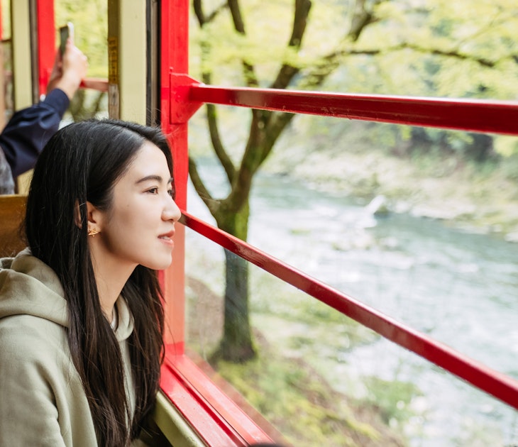 Shot of female tourist enjoying the beautiful scenery while travelling on a train acrossing the river nearby. Travel, vacation and exploration concept.
1617909904