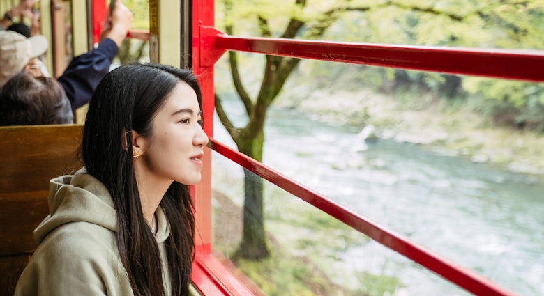 Shot of female tourist enjoying the beautiful scenery while travelling on a train acrossing the river nearby. Travel, vacation and exploration concept.
1617909904