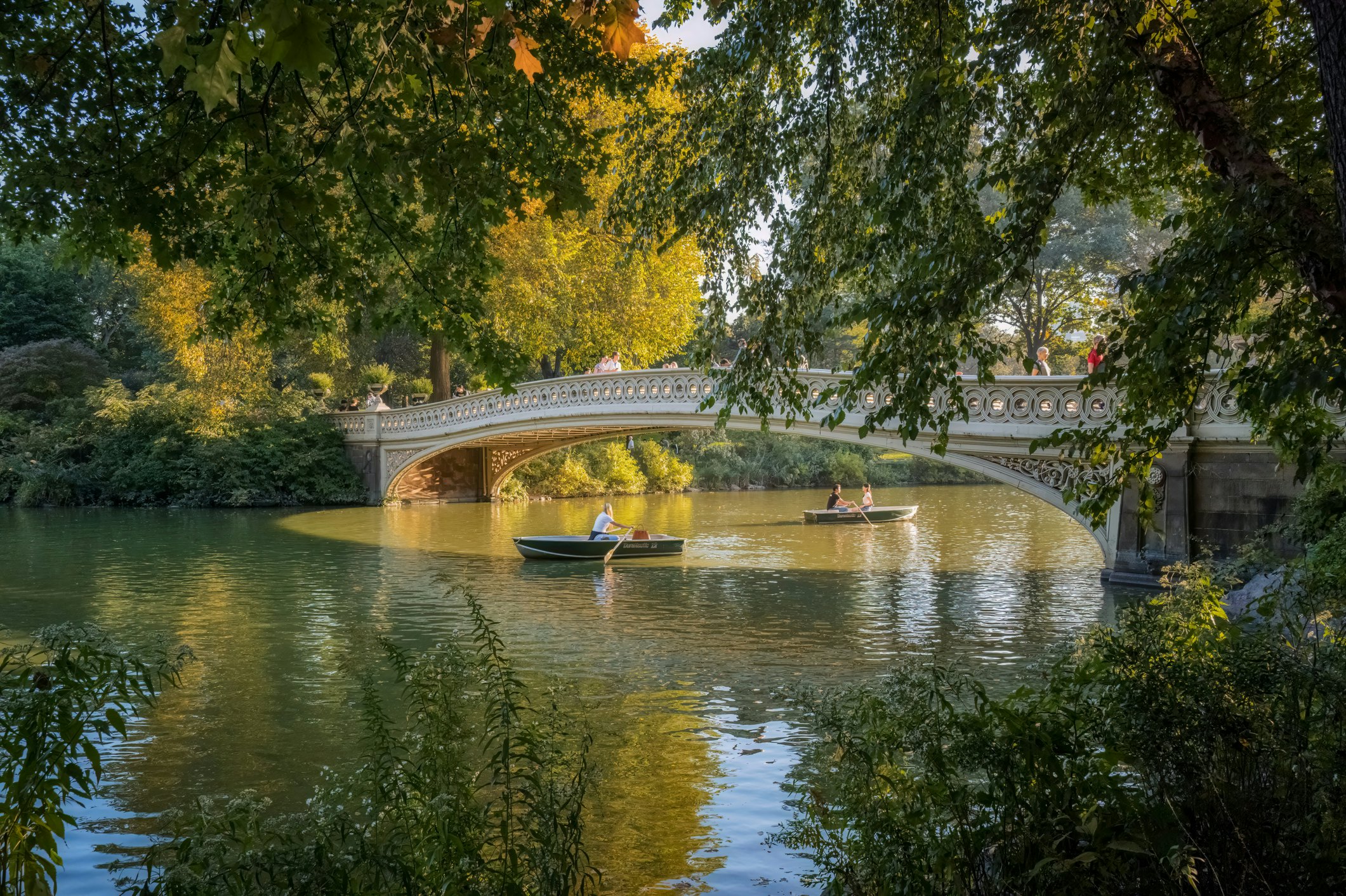 People rowing rowboats row under the Bow Bridge in Central Park, Manhattan. Bow Bridge gets its name from its graceful arc shape which is similar to an archer's bow. It is the oldest cast-iron bridge in Central Park.