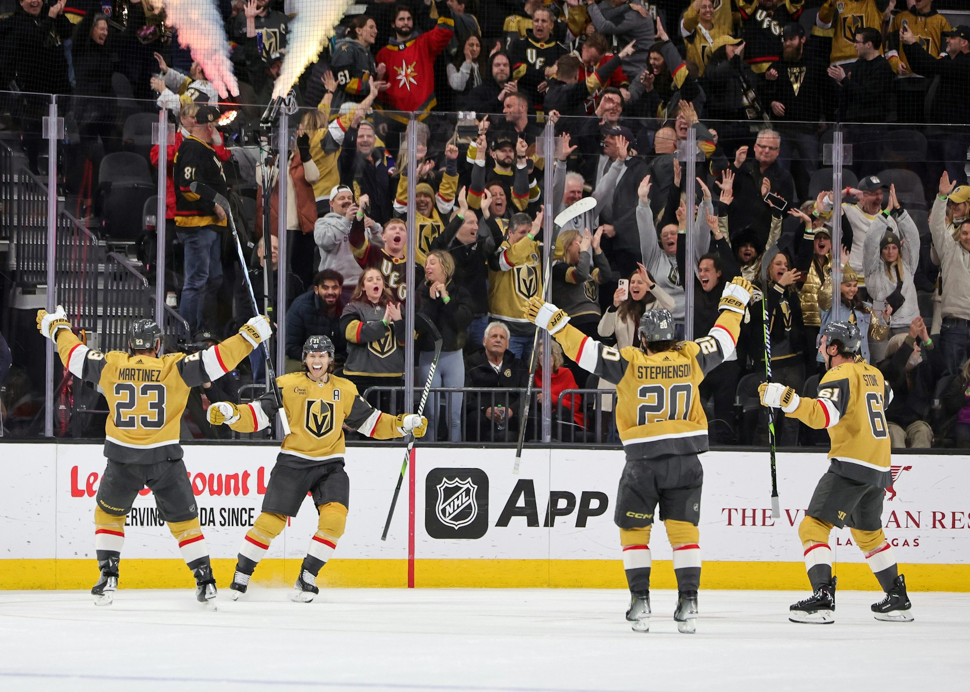 Las Vegas Golden Knights celebrate a win at the T-Mobile Arena