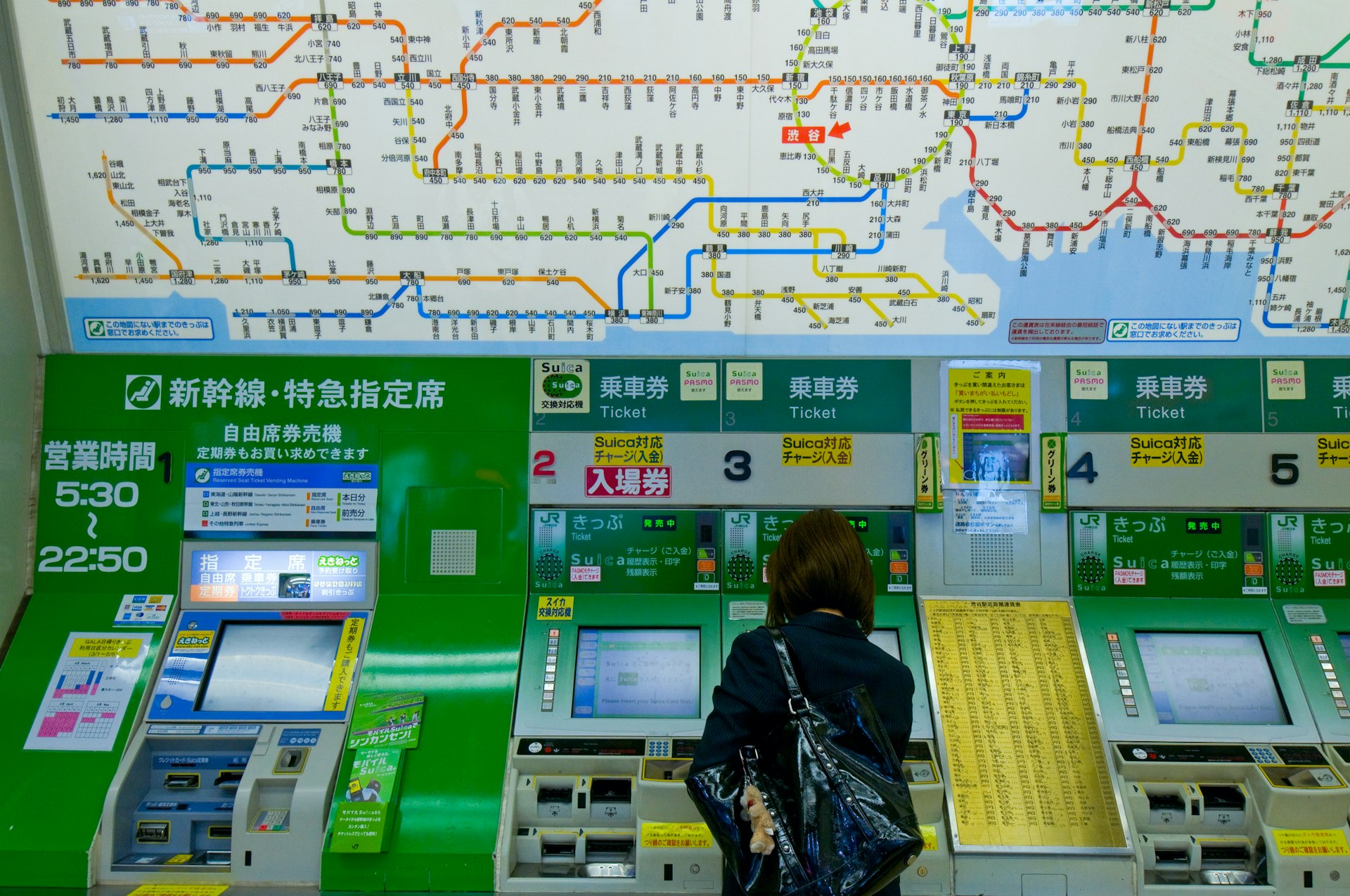 A woman stands at a bank of electronic ticket machines. Above her head is a color-coded map showing train lines