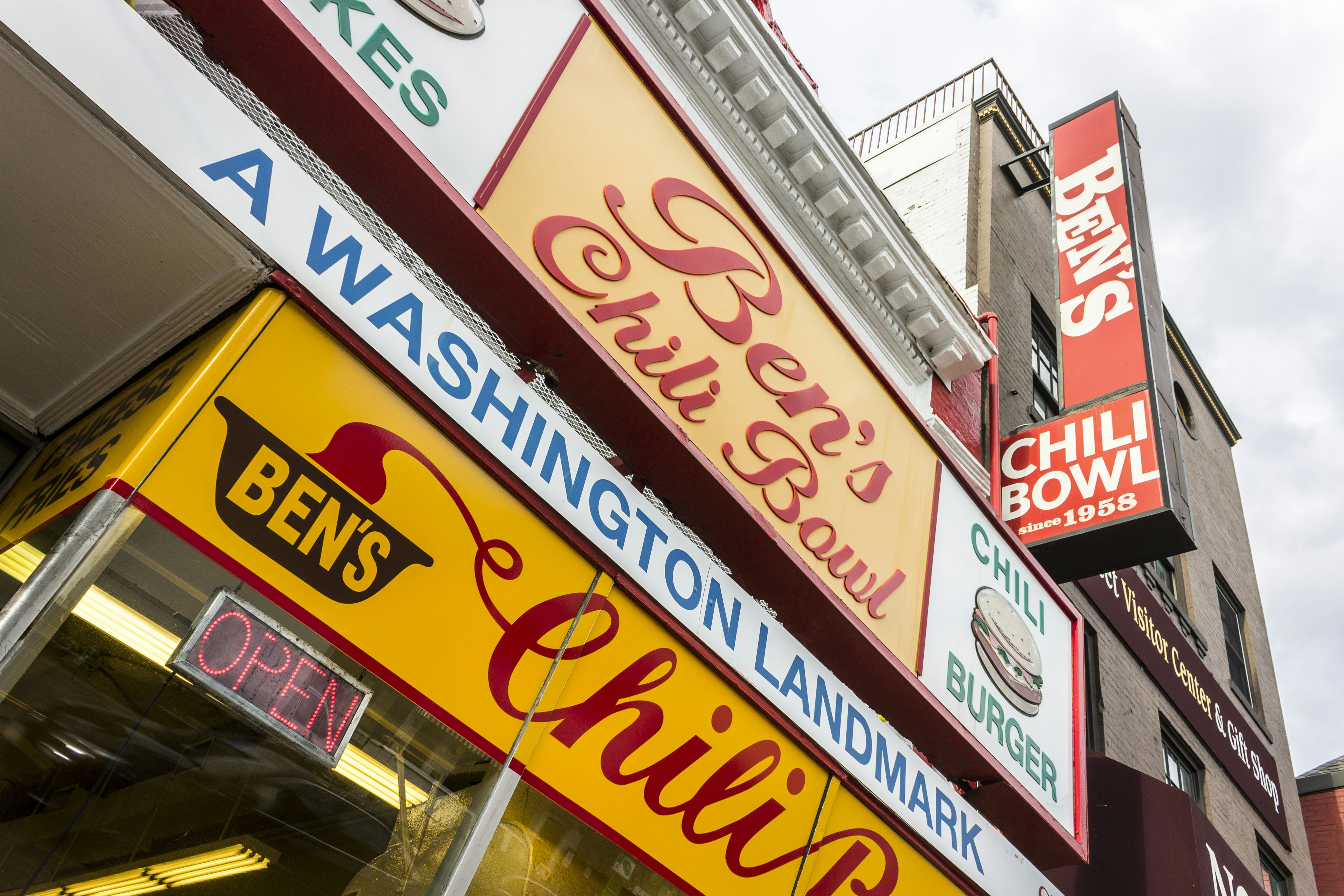 The exterior of Ben’s Chili Bowl, a landmark restaurant founded in 1958 on U Street, Shaw, Washington, DC, USAt