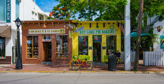 Colourful storefronts on the streets of Key West during summer.