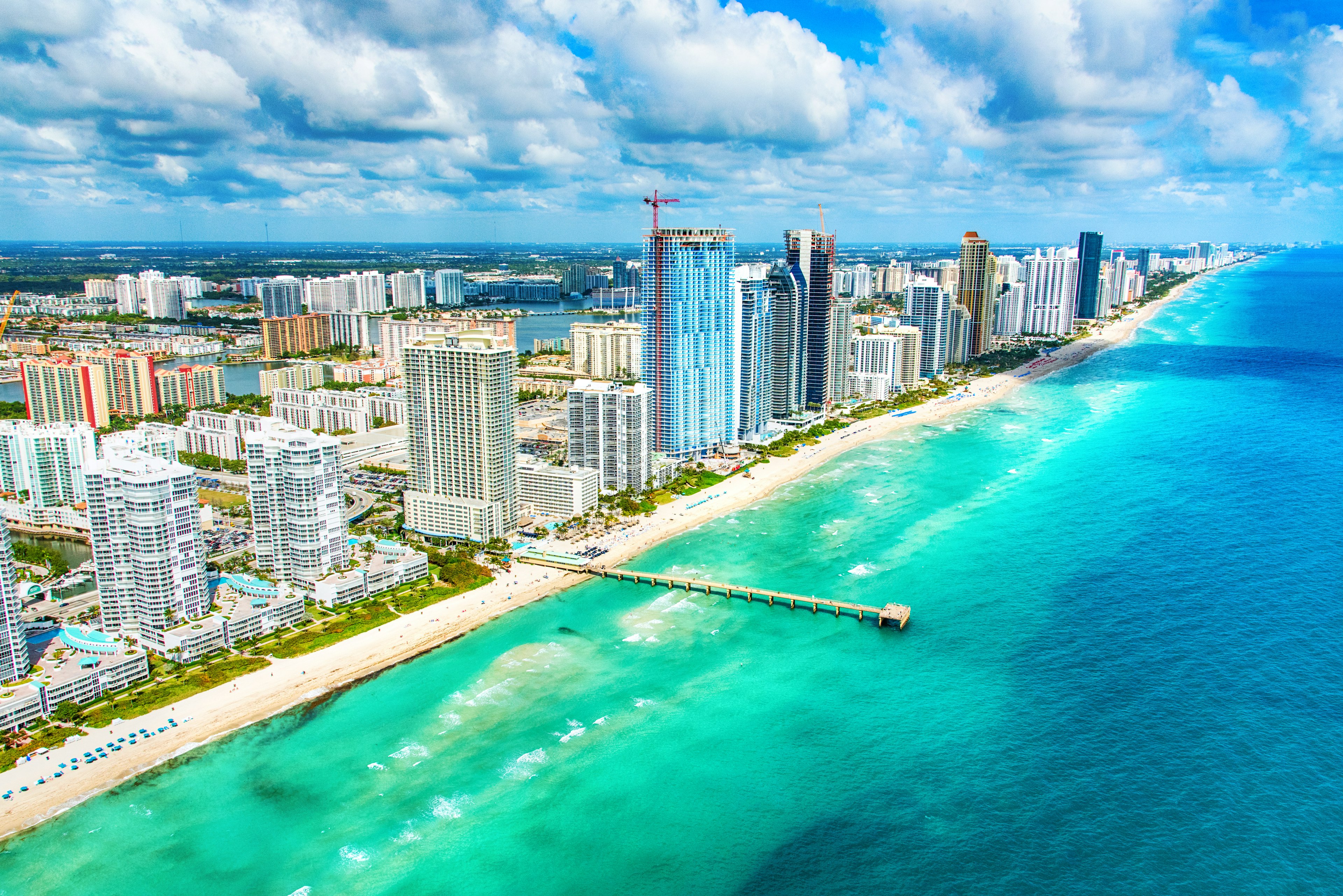 Aerial of hotels along the coast of South Florida