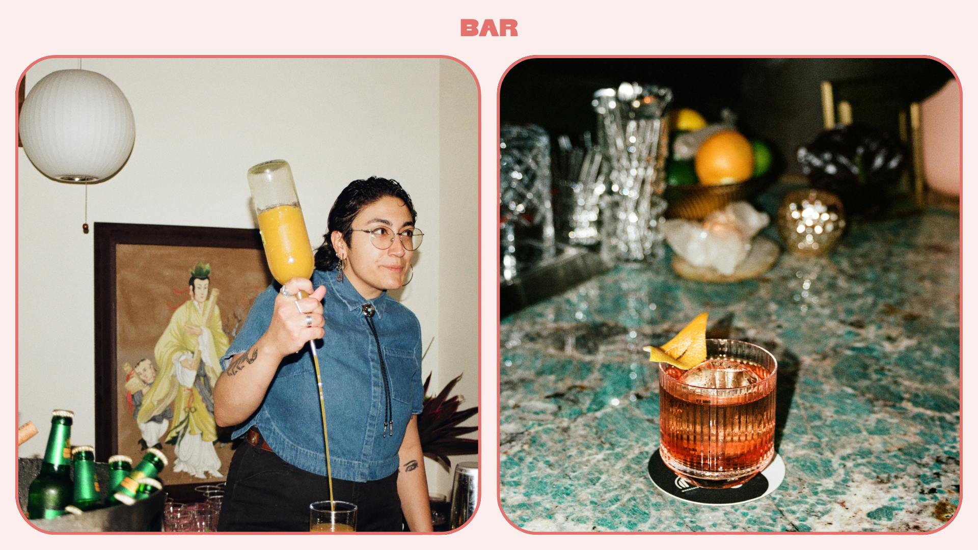 L: A female bartender pours an orange drink in Moongate Lounge; R: Close-up of a negroni