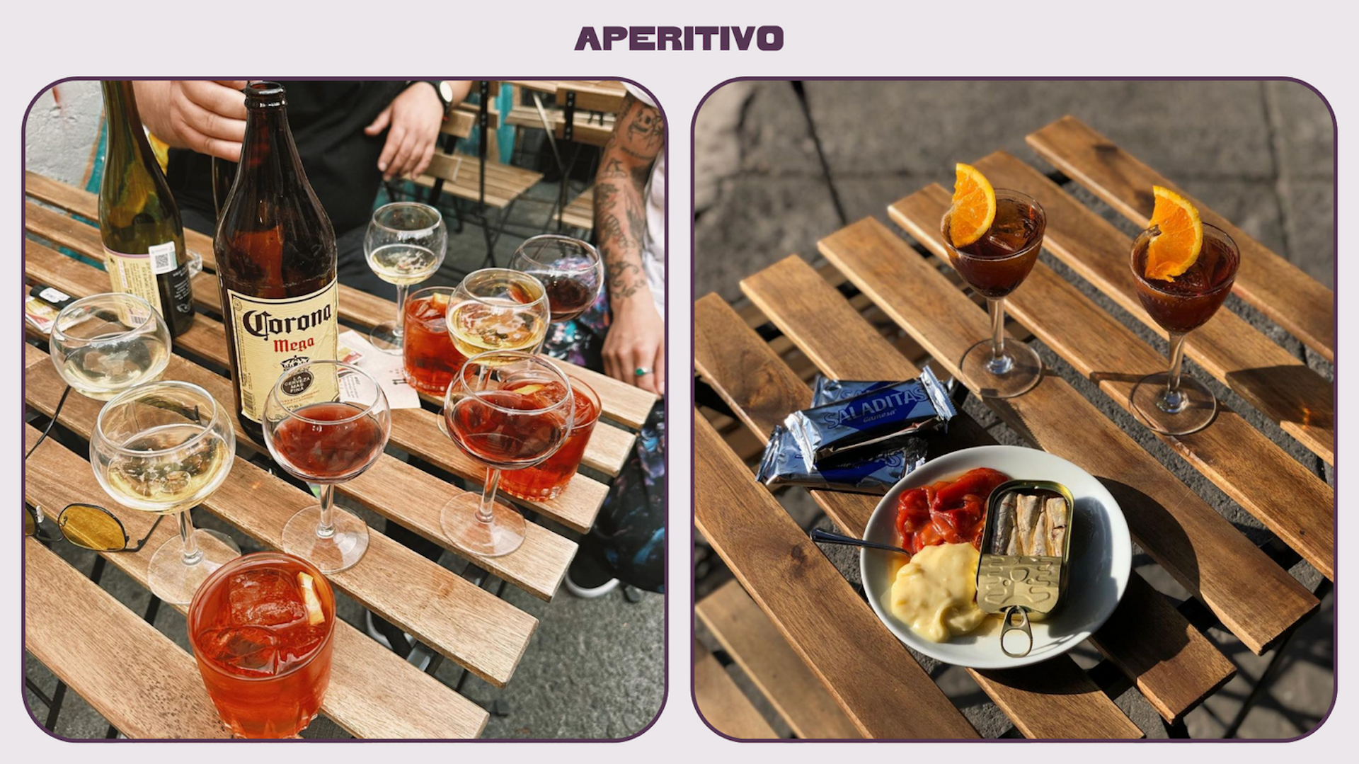 Glasses of wine and negronis are placed alongside dishes of tinned fish on front terrace tables of a Mexico City wine bar