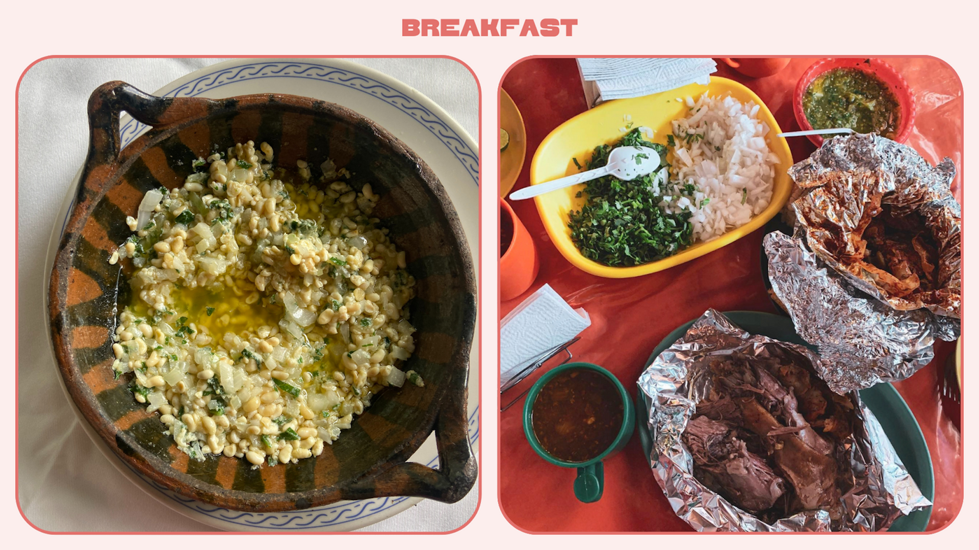 Left: A traditional Mexican breakfast bowl of ant larva. Right: Plates of dishes from a market bbq meal