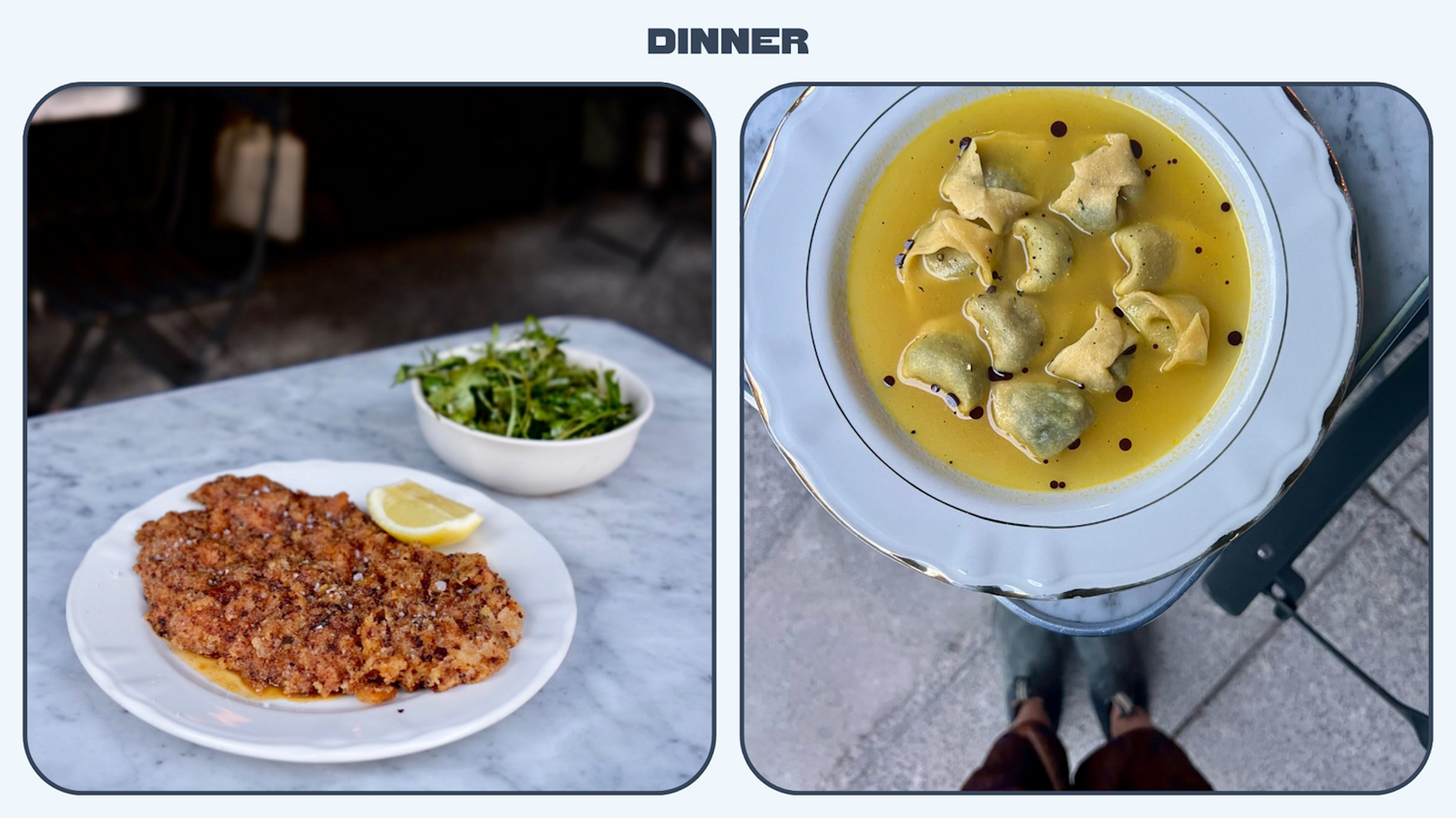 Left: A plate of veal milanesa. Right: A bowl of tortellini soup.