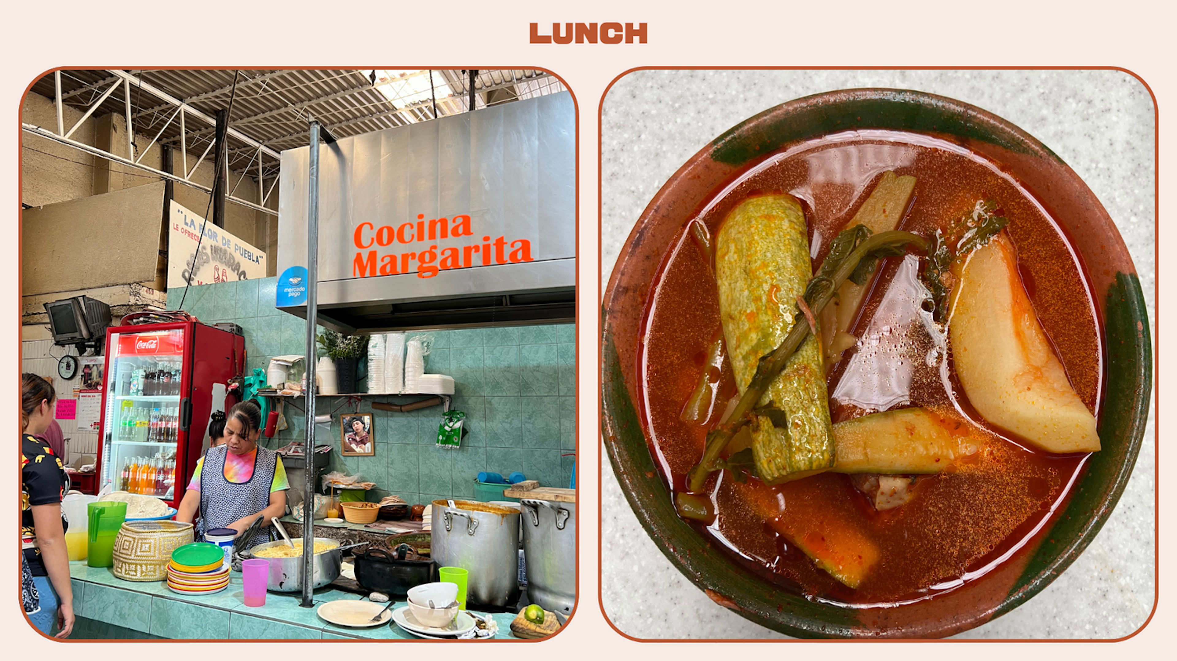 Left: A mole food stall in Juarez Market, Mexico City. Right: Close-up of a bowl of mole