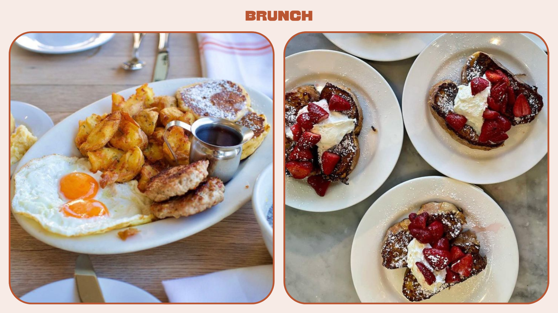 L: Plate of eggs and fried potatoes. R: French toast with raspberries