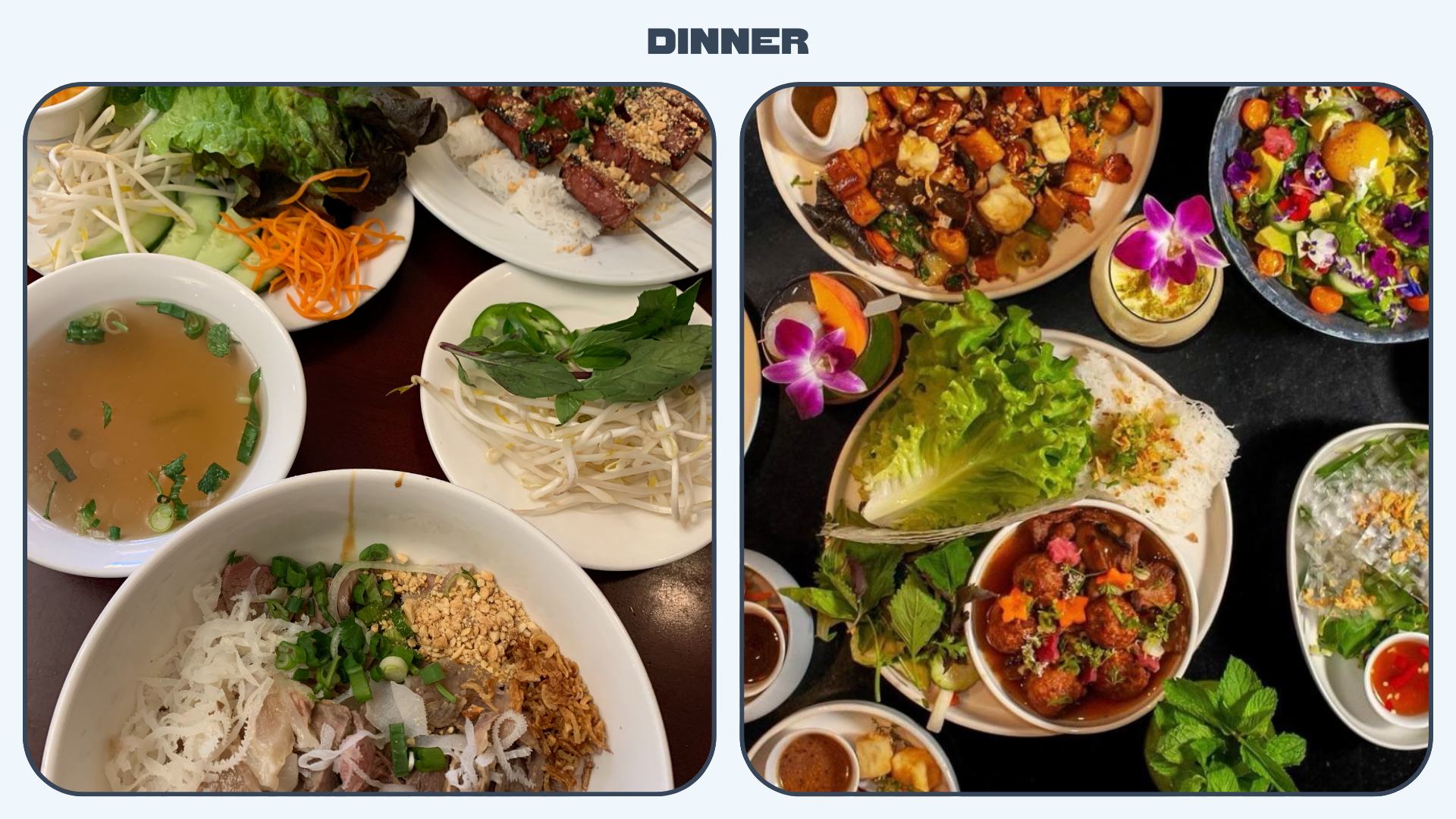 L: Plates of Vietnamese food on a table incl. pho. R: Similarly colorful plates of Vietnamese dishes