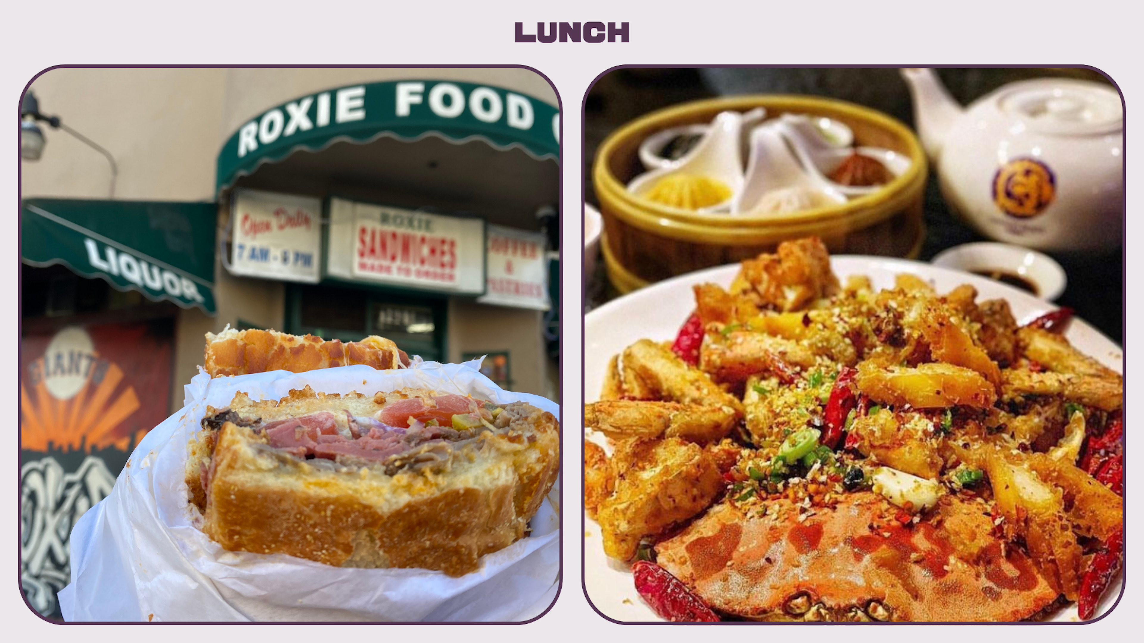 R: Close-up of beef sandwich from Roxie Food. L: Plate of fried Dungeness crab