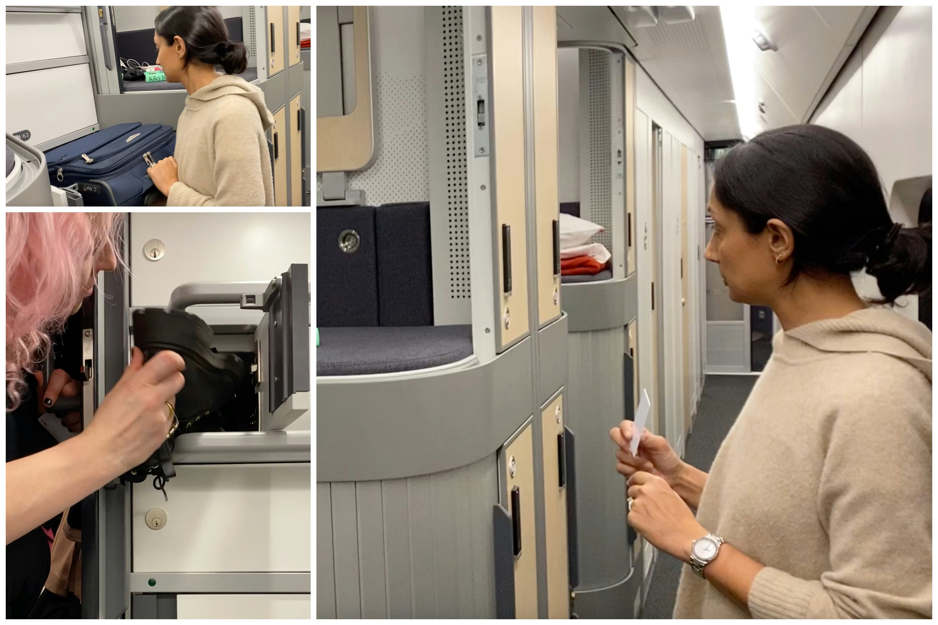 A woman uses a key card to access a storage locker for a suitcase on a narrow train corridor