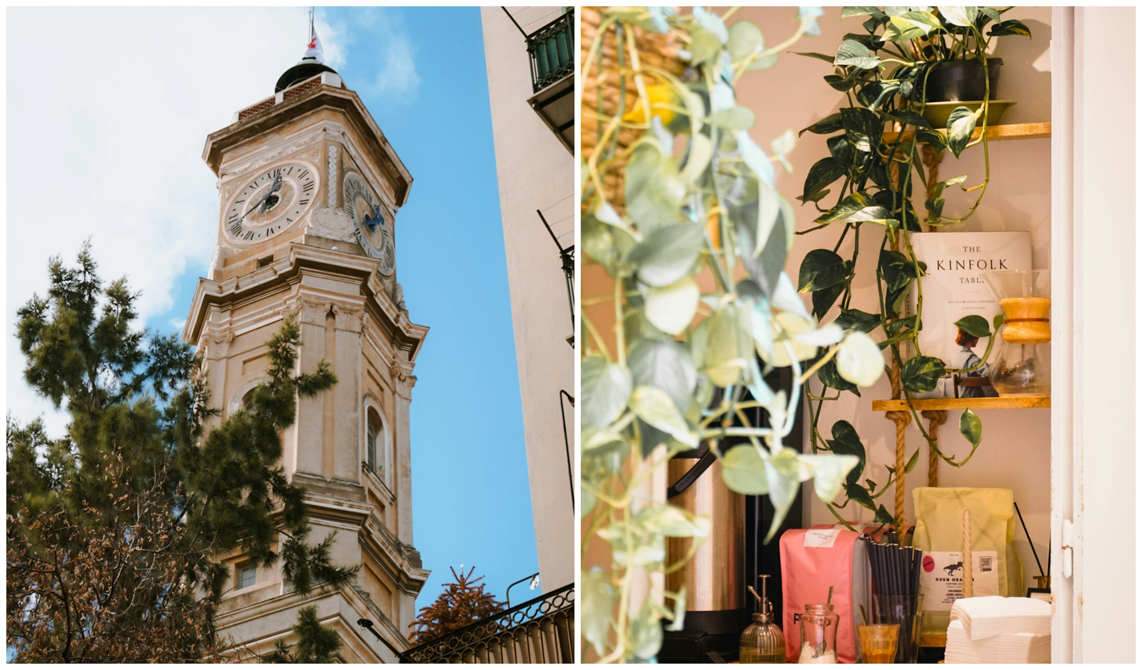 Steeple of St Francois Tower and interior of a cafe