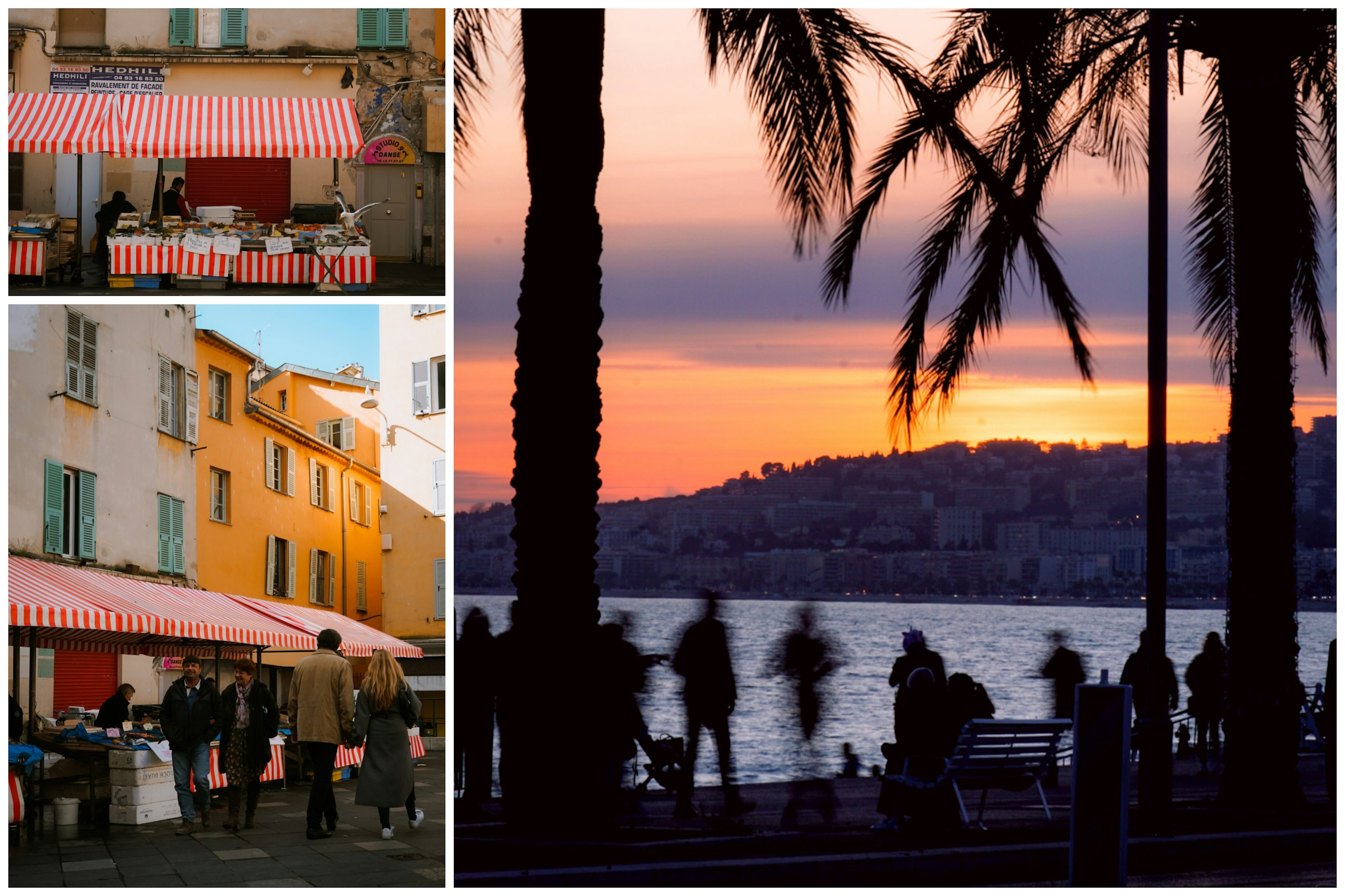 Scenes from an outdoor market in Nice with stalls selling seafood