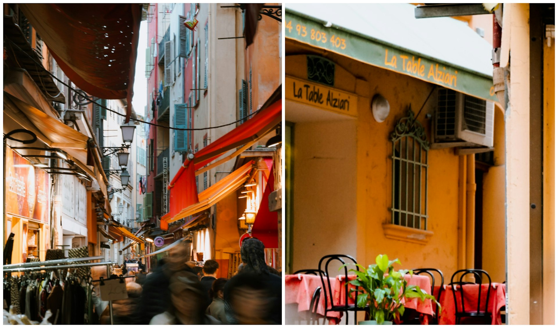 L: A narrow street in Nice. R: A close-up of a restaurant terrace in Nice
