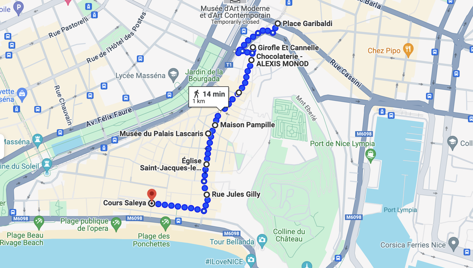 Walking route of Nice's Old Town mapped out in Google Maps
