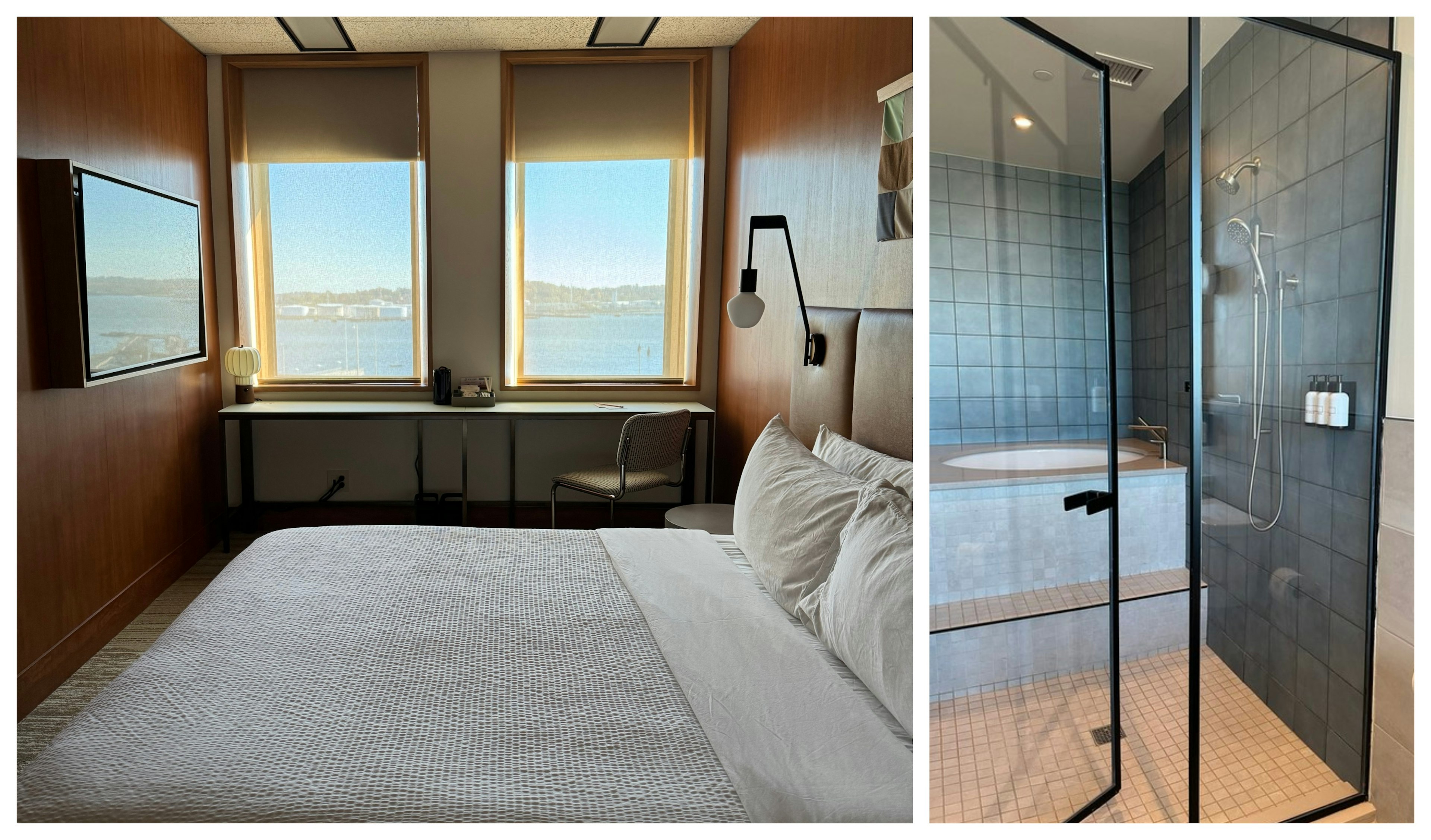 Collage of a bedroom and bathroom in The Study Hotel in New Haven, CT