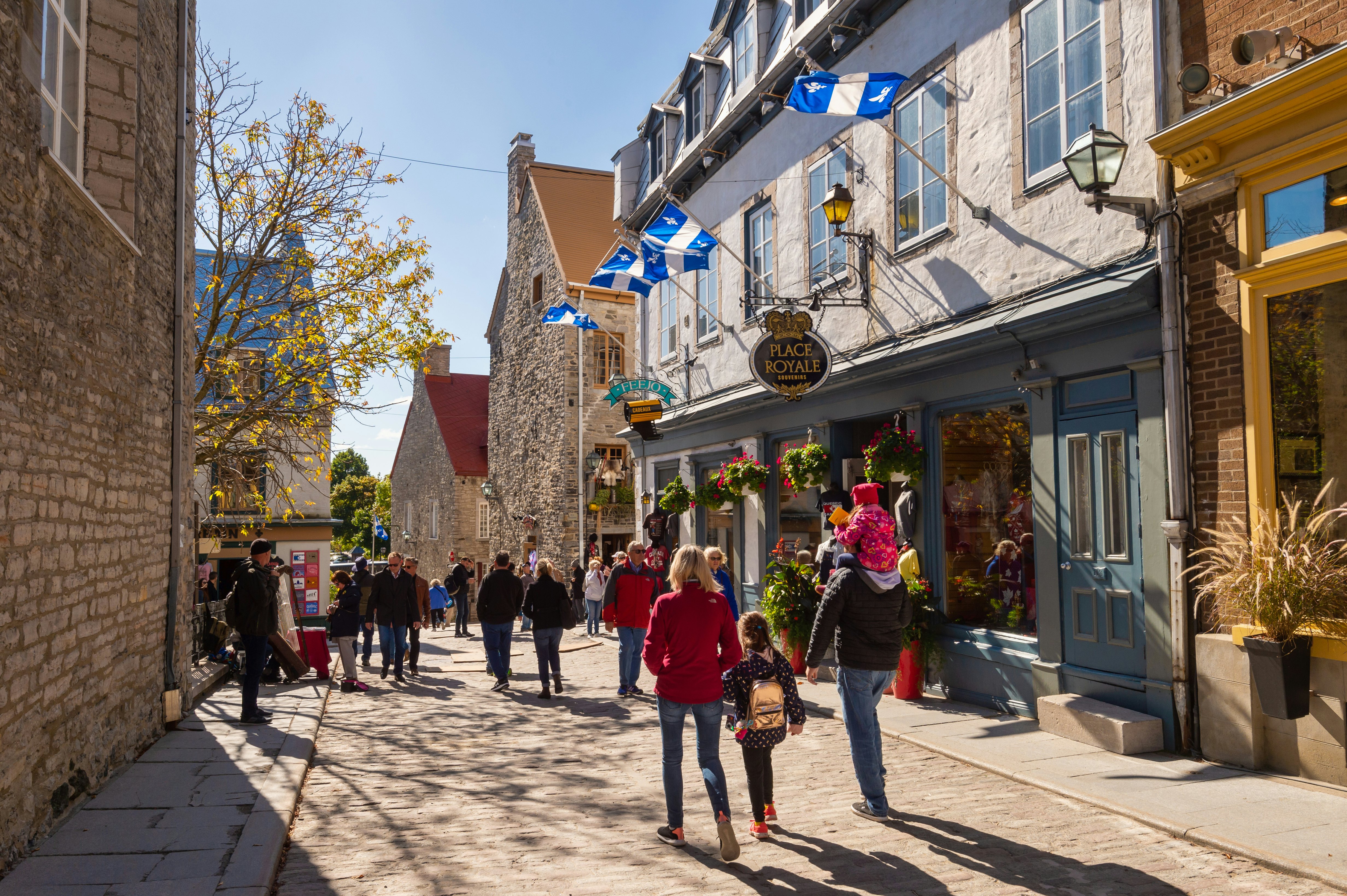 Quebec City, Canada - 5 October 2019: Quebec flags on Notre-Dame street.
1179423899