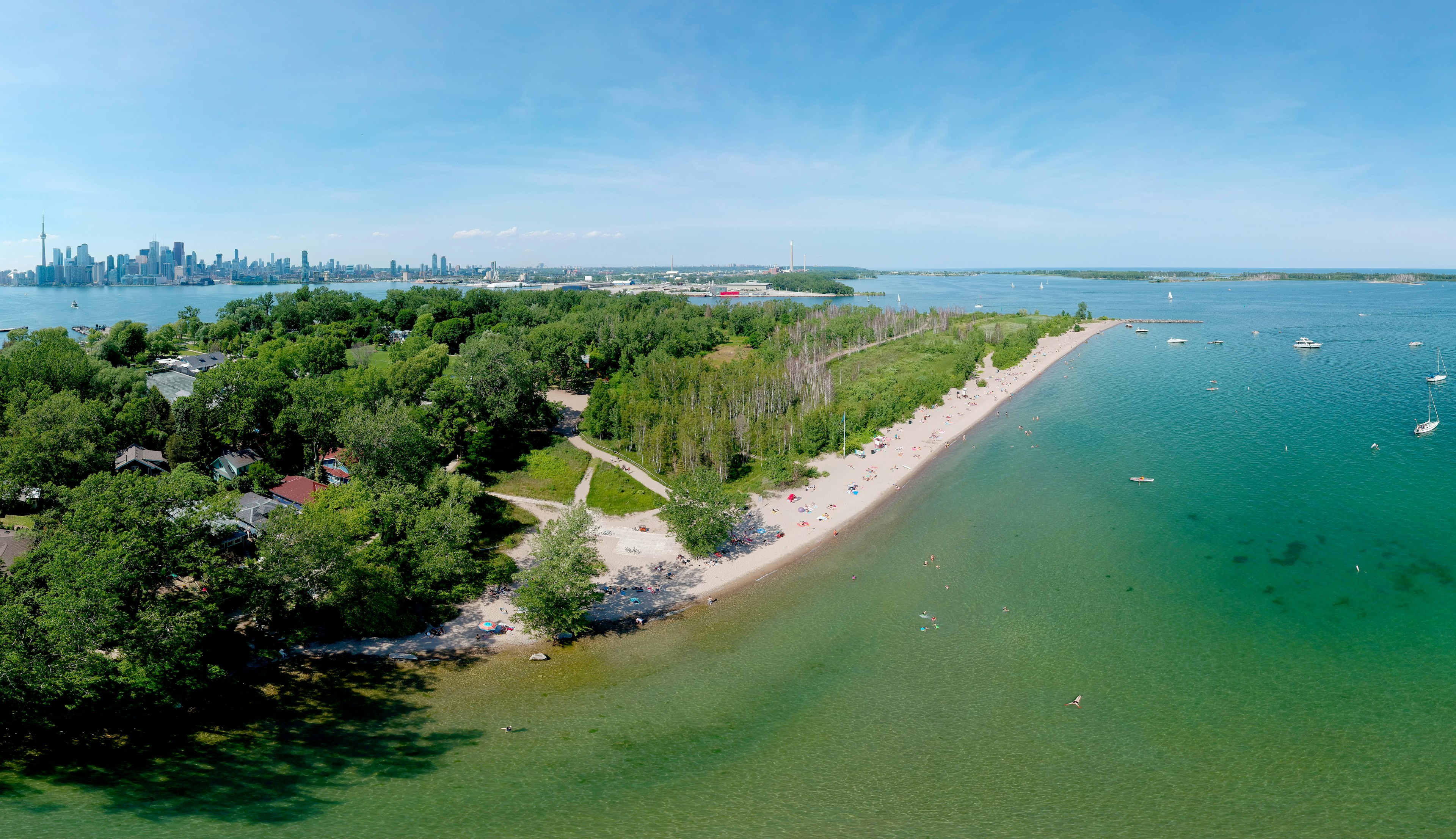 A sandy beach lining a forested area with a city skyline in the distance