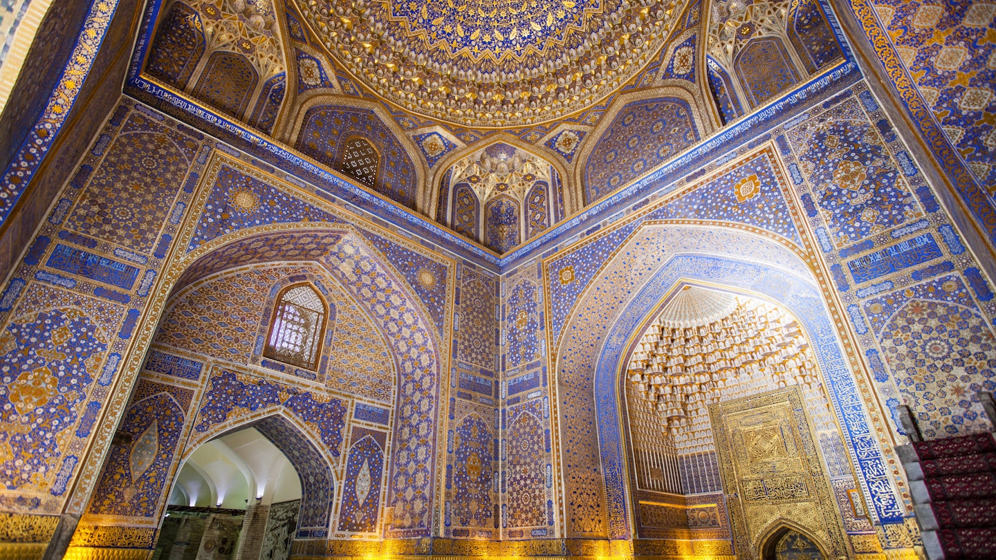 Interior of the mosque inside the Tilla-Kari (gold covered) mesdressa - Registan - Samarkand - Uzbekistan
625081010
Registan Square, Tourism, Ornate, Mosaic, Islam, Religion, Cultures, Famous Place, Architecture, Travel Destinations, Indoors, Samarkand, Uzbekistan, Central Asia, Decoration, Dome, Mosque, Place of Worship, City, historical building, UNESCO World Heritage Site