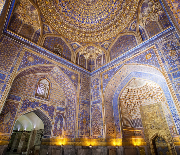 Interior of the mosque inside the Tilla-Kari (gold covered) mesdressa - Registan - Samarkand - Uzbekistan
625081010
Registan Square, Tourism, Ornate, Mosaic, Islam, Religion, Cultures, Famous Place, Architecture, Travel Destinations, Indoors, Samarkand, Uzbekistan, Central Asia, Decoration, Dome, Mosque, Place of Worship, City, historical building, UNESCO World Heritage Site