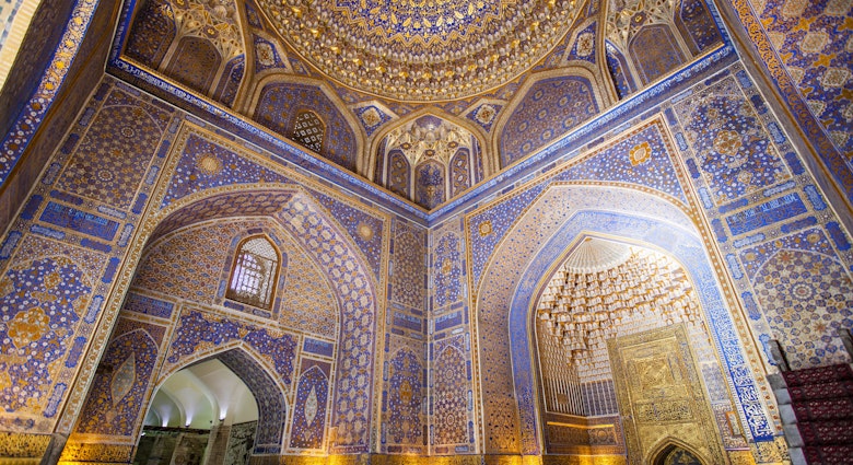Interior of the mosque inside the Tilla-Kari (gold covered) mesdressa - Registan - Samarkand - Uzbekistan
625081010
Registan Square, Tourism, Ornate, Mosaic, Islam, Religion, Cultures, Famous Place, Architecture, Travel Destinations, Indoors, Samarkand, Uzbekistan, Central Asia, Decoration, Dome, Mosque, Place of Worship, City, historical building, UNESCO World Heritage Site