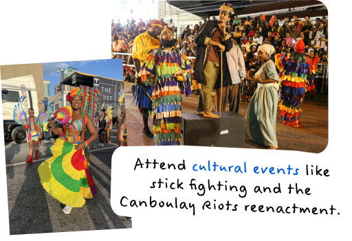Attend cultural events like stick fighting and the Canboulay Riots reenactment.