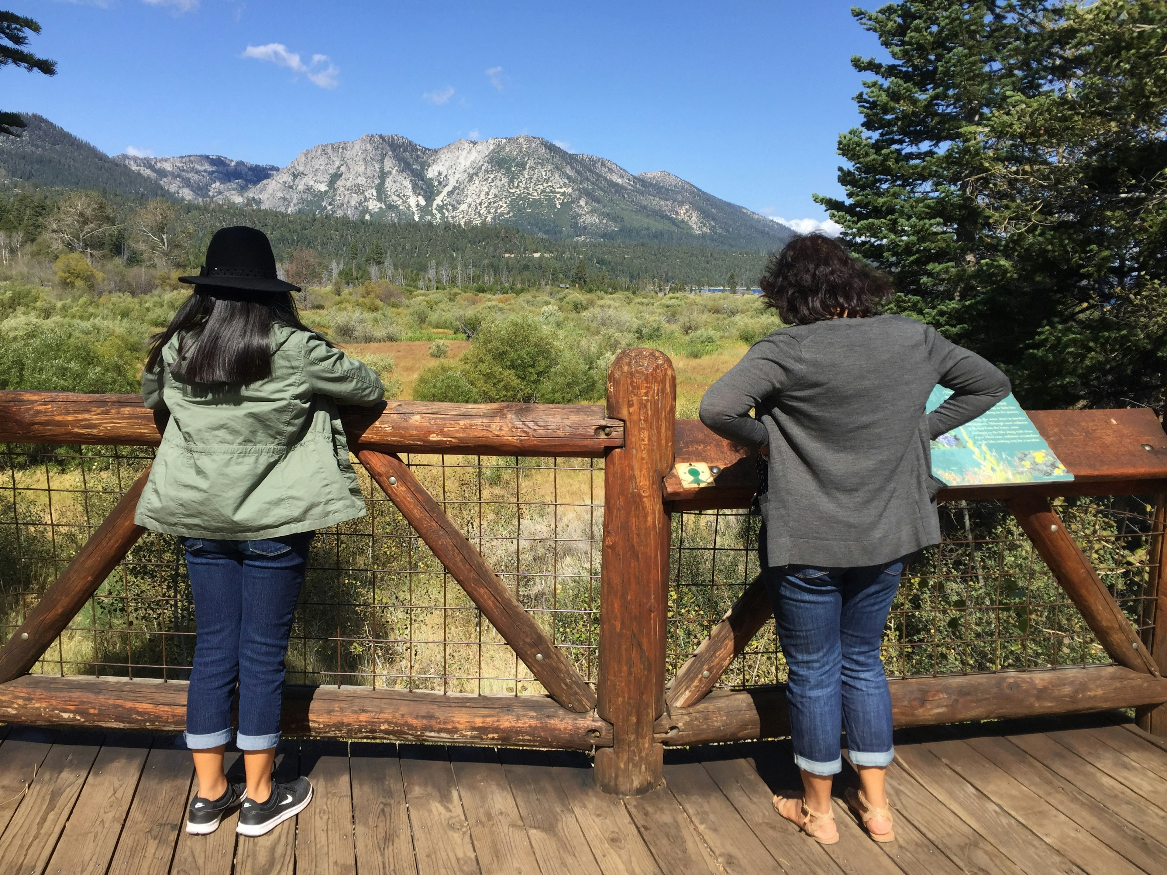 Two people look over a viewpoint above a river surrounded by woodland