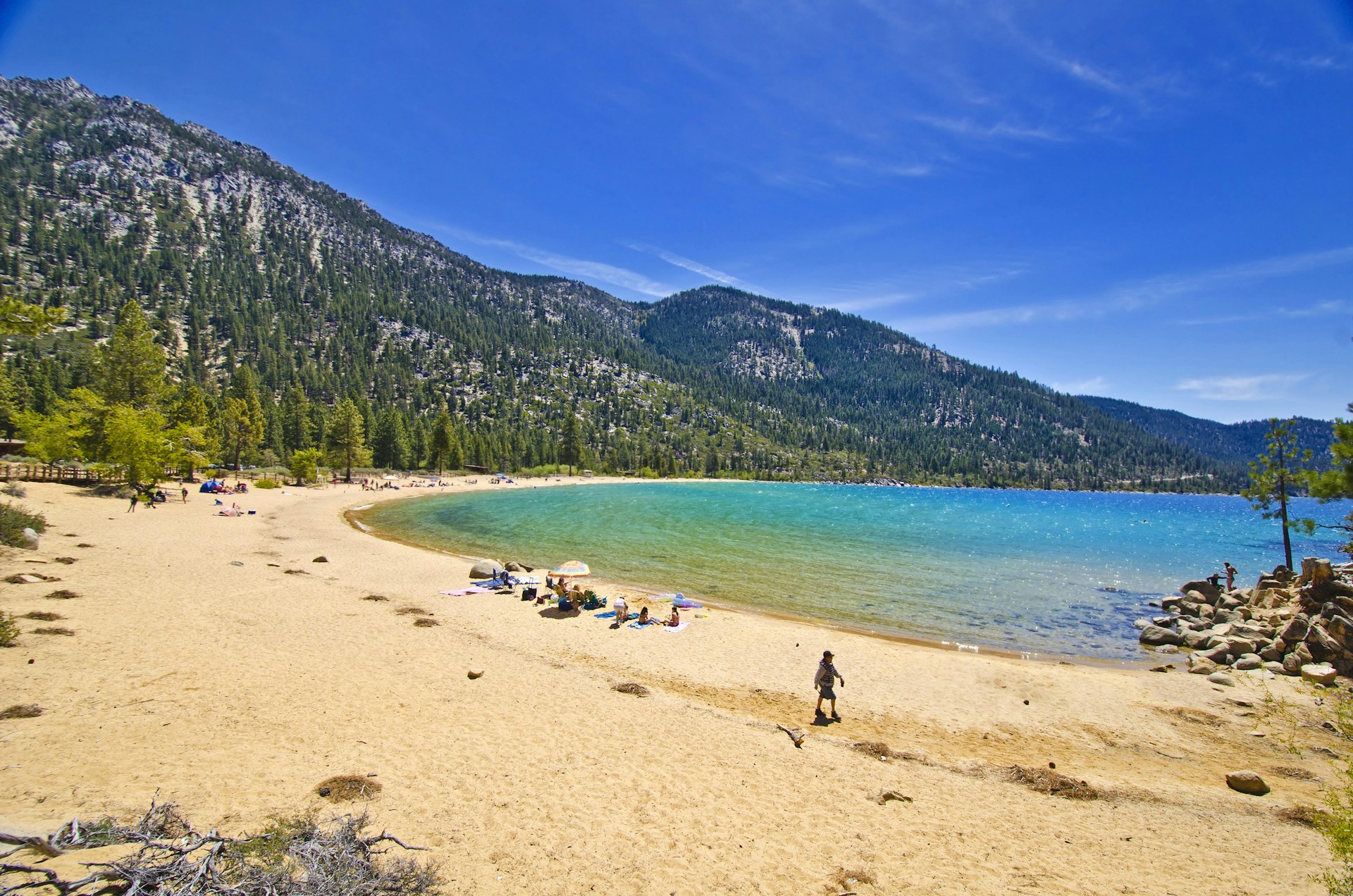 People on the beach at Sand Harbor State Park, Lake Tahoe, Nevada, USA