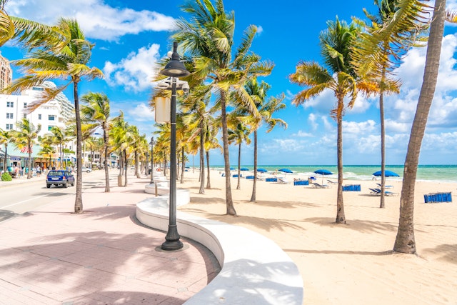The seafront beach promenade in Fort Lauderdale is lined with palm trees, while blue sun loungers are laid out on the white-sand beach beyond.