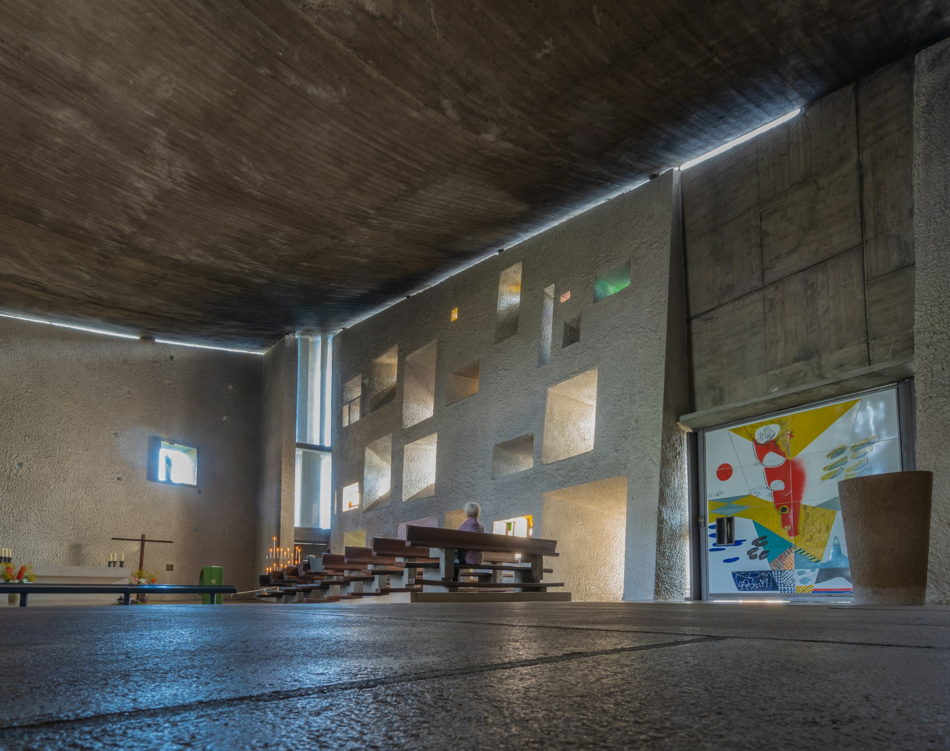 The interior of Le Corbusier’s Chapelle de Notre-Dame du Haut, Ronchamp, Haute-Saône, Bourgogne-Franche-Comté, France