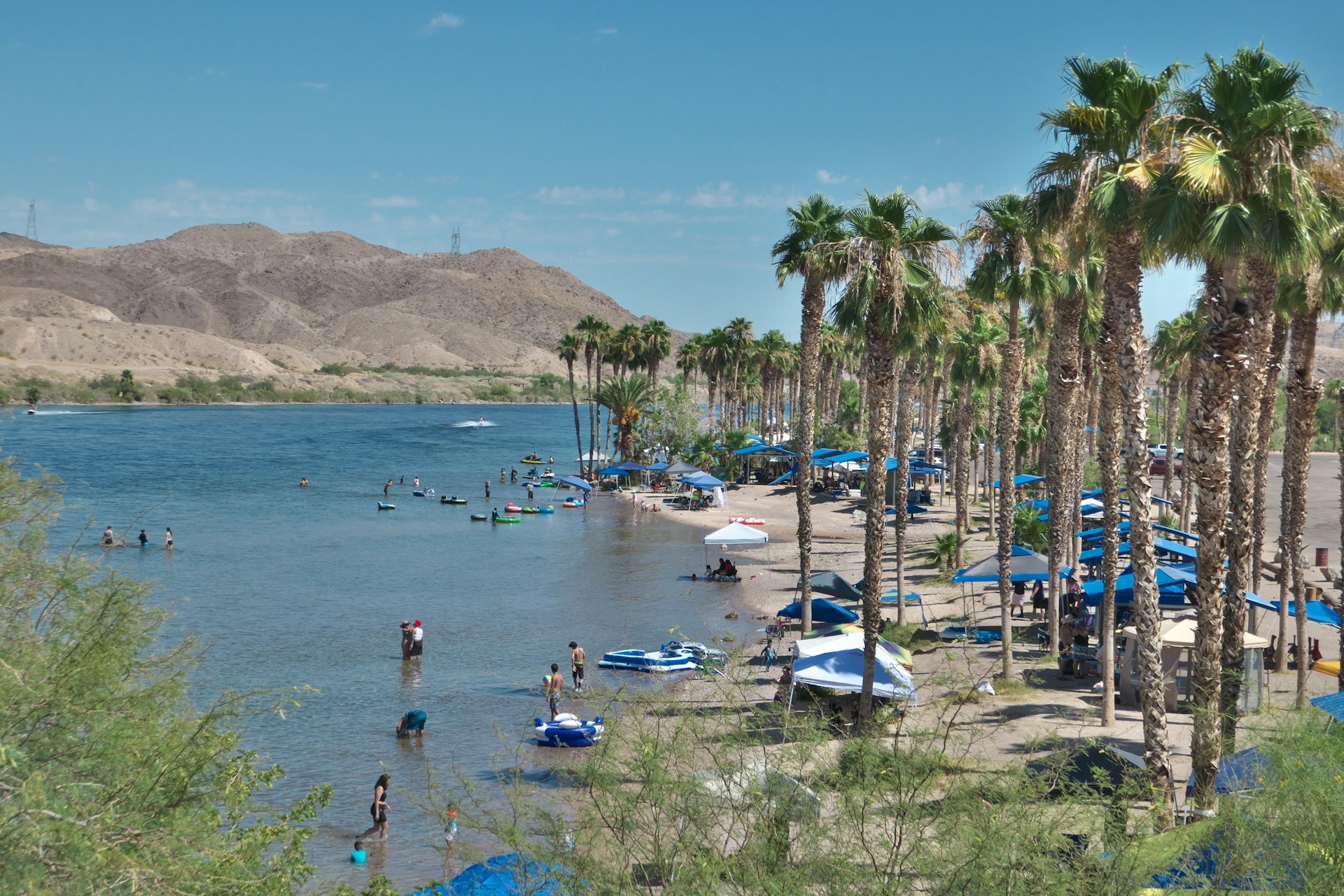 People on Jet Skis and boats at the Colorado River Heritage Greenway Park, Laughlin, Nevada, USA