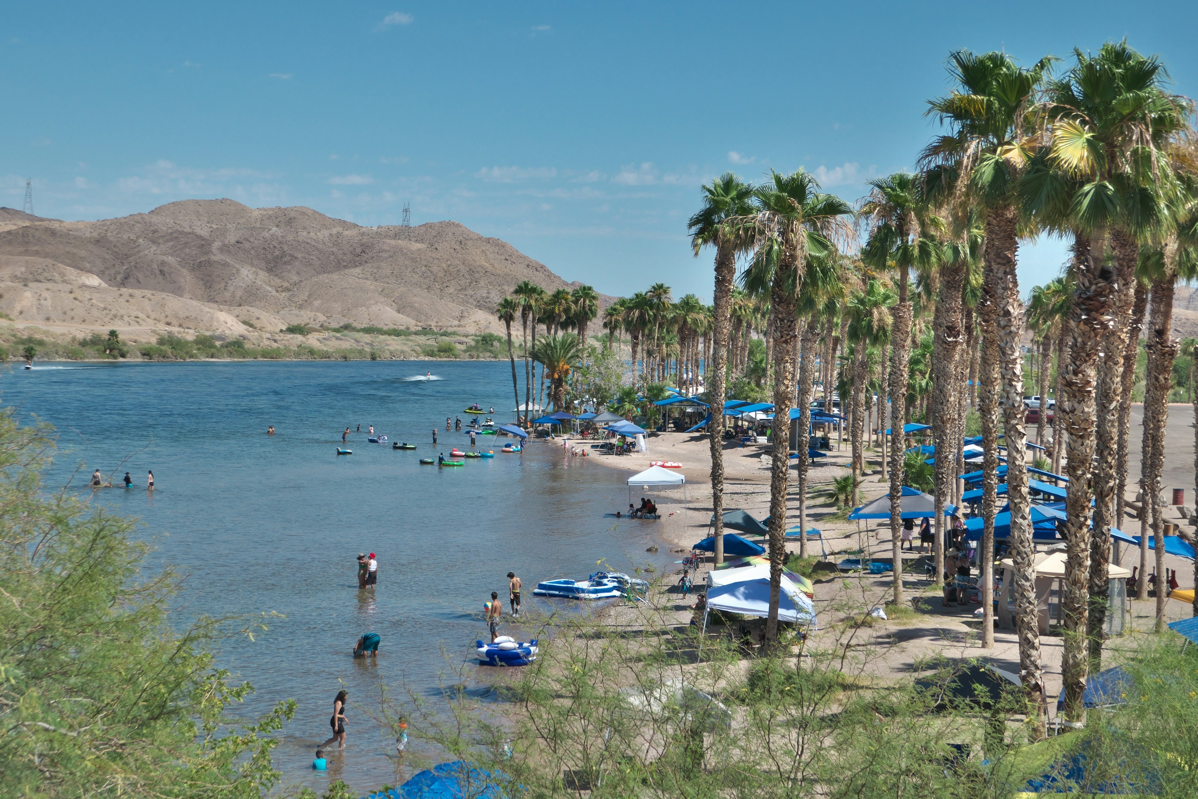 People on Jet Skis and boats at the Colorado River Heritage Greenway Park, Laughlin, Nevada, USA