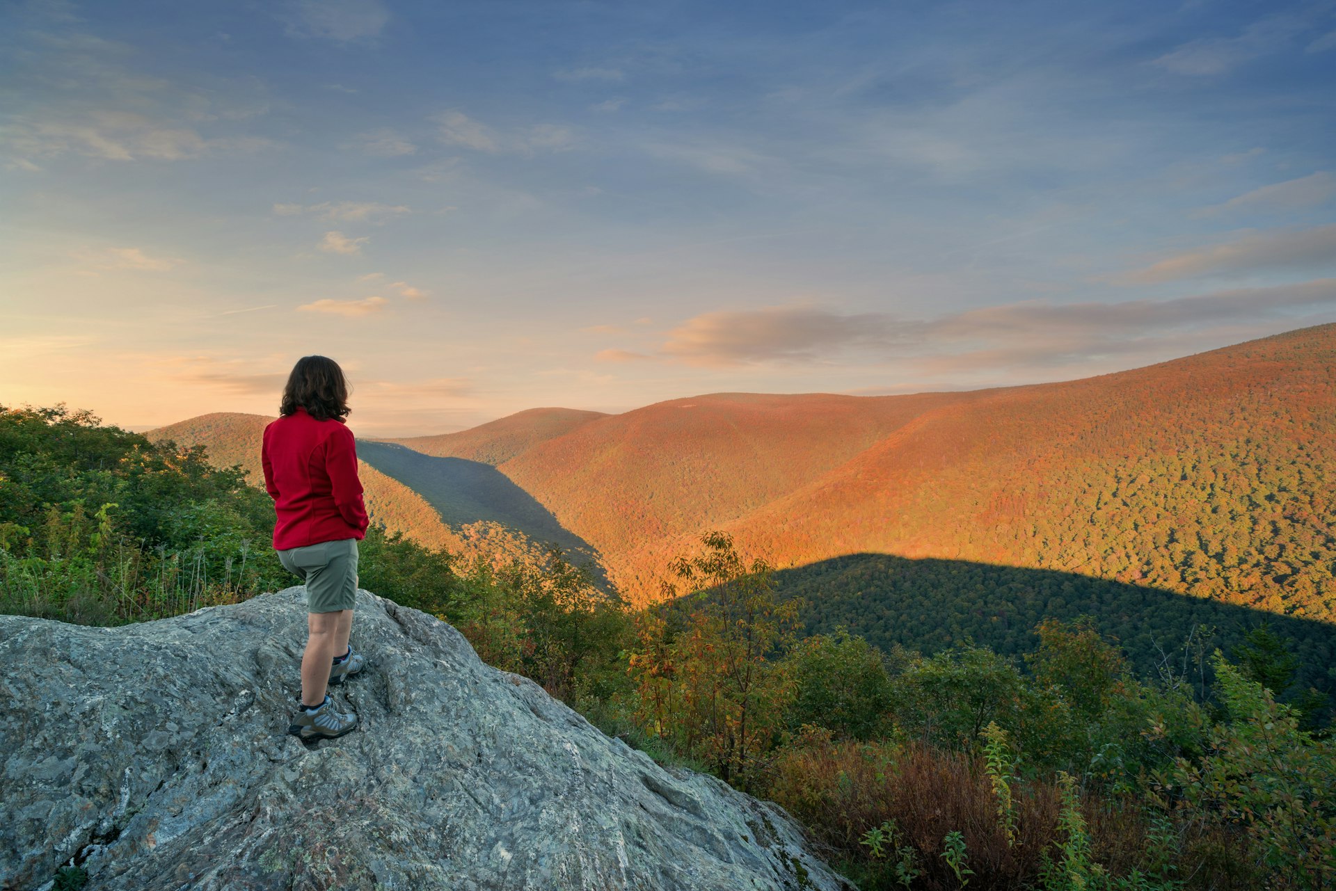 A hiker is standing on a large rock looking out over a mountainous landscape that's covered in trees with fall foliage